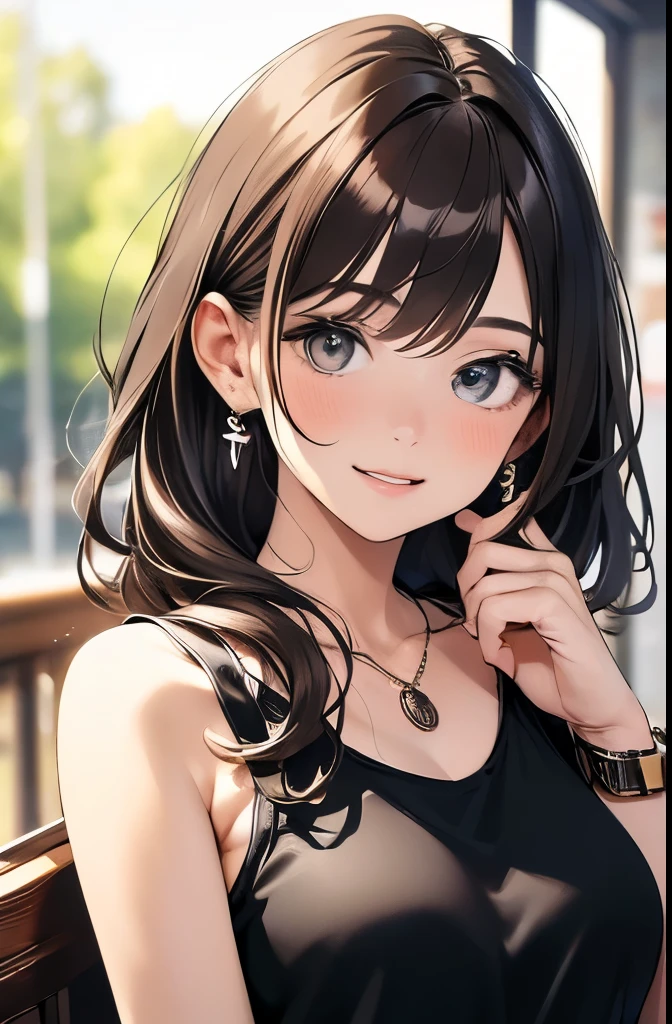 (masterpiece, best quality, ultra-detailed, highres, 4k),(beautiful detailed eyes),(very detailed face),(1girl),HDR,long hair, shorts, phone, brown eyes, brown hair, cellphone, bracelet, tank top, jewelry, watch, lips, solo focus, nail polish, blurry background, smile, wristwatch, realistic, blurry, looking at viewer