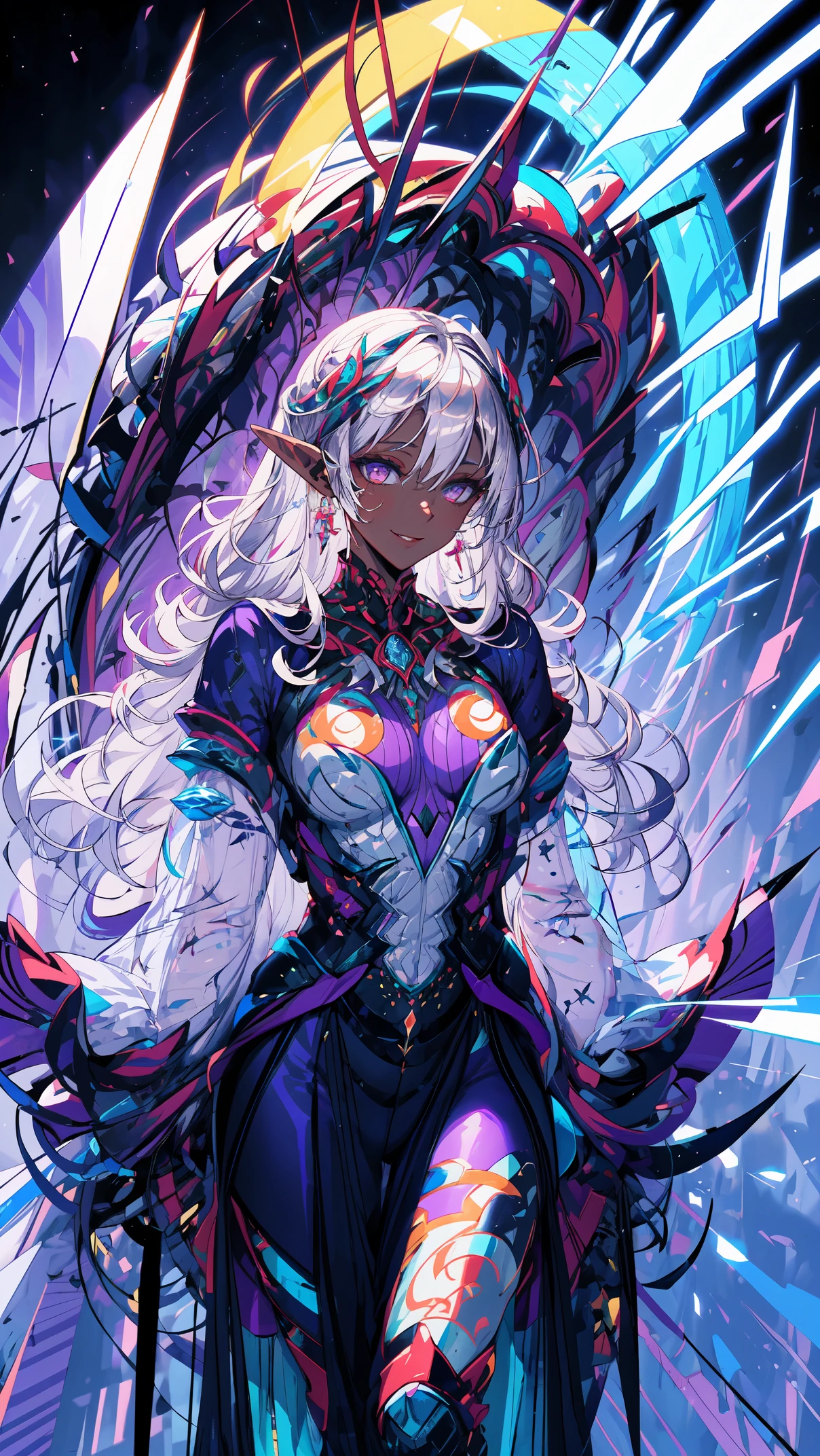 portrait of a dark elf, ((dark skin)), medium length pointy ears, moonlight particals, moonlight aura,(shiny purple eyes:1.2), (silver flowing hair:1.3),light cold smile, cold face, sexy Romanian style costume,( silver jewelry), purple glowing tattoos, mature body,Detailed,Realistic,4k highly detail,by Mappa studios,masterpiece,best quality,official art,illustration,ligne claire,(cool_color),perfect composition,fantasy,focused,rule of third