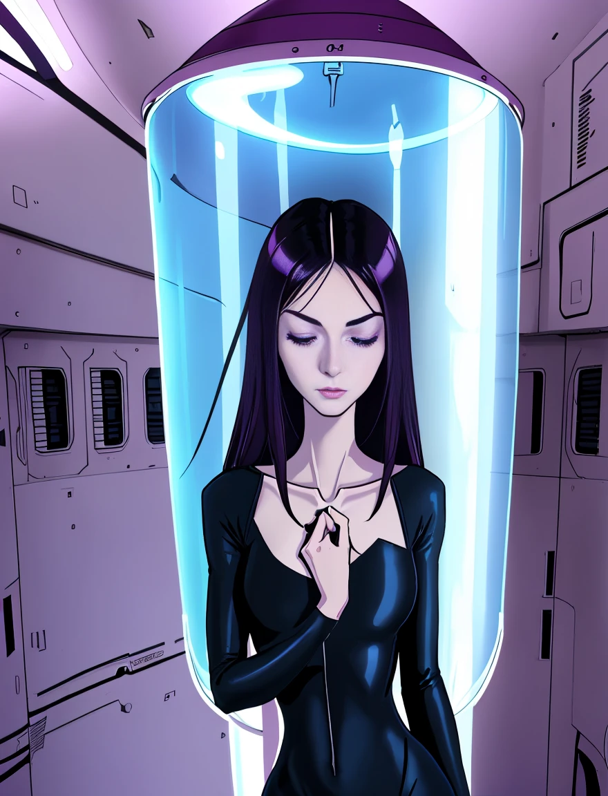 2d anorexic cartoon woman, she has a long neck, she has long black hair.mature. she wears a purple v-neck skin tight body suit. She  inside a stasis pod capsule in space. She  asleep with her eyes closed. She is heavily coughing 