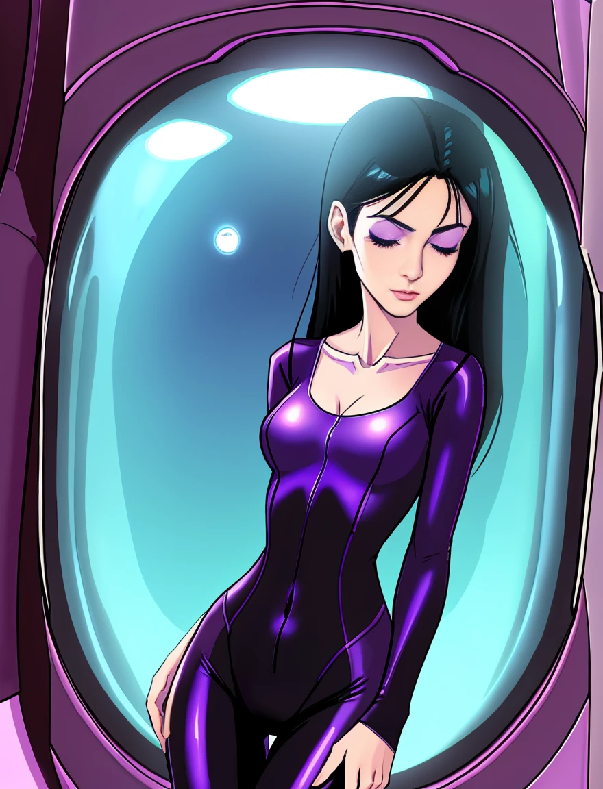 2d anorexic cartoon woman, she has a long neck, she has long black hair.mature. she wears a purple v-neck skin tight body suit. She  inside a stasis pod capsule in space. She  asleep with her eyes closed. She is heavily coughing 