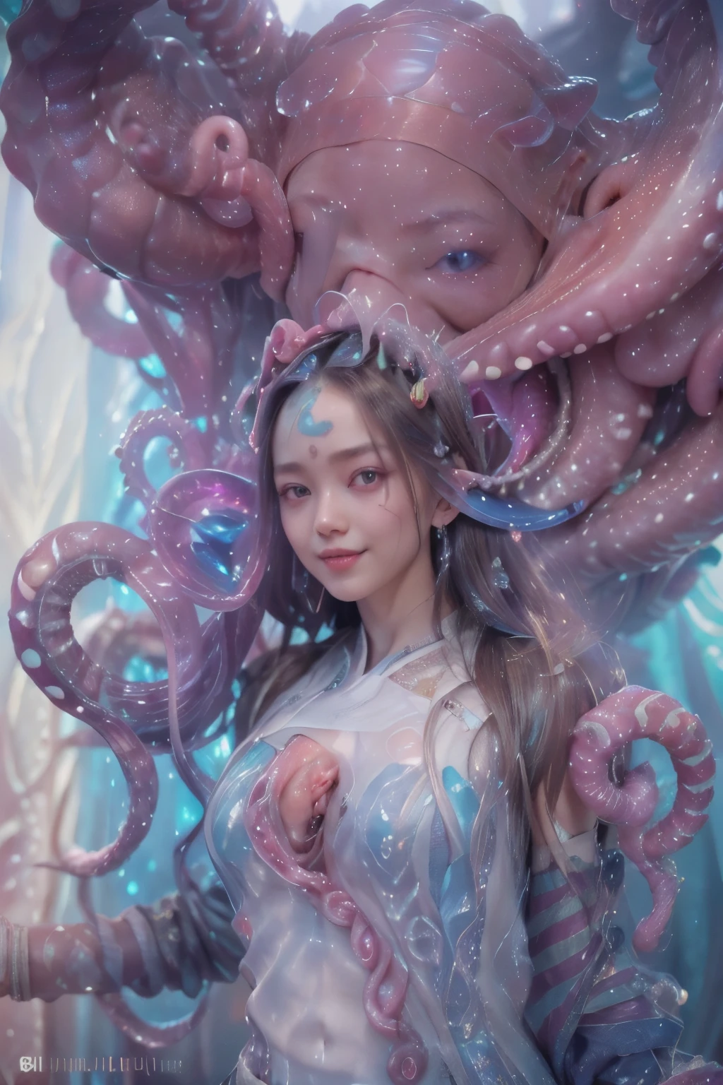 scary and sexy detailed art in color, Portrait, (beautiful and obscene female alien:1.4), (vulgarity1.5), (she has red eyes with no pupils:1.8), (Translucent skin:1.7), ((There is a female genital-like organ in the middle of the forehead:1.9)), (The most beautiful face in the history of the universe:1.2),an evil gaze that seduces, (large mouth:1.1), (sharp teeth like a vampire:1.2), Full body portrait, (bio luminescent:1.5), (Smile wickedly:1.3), (sexypose:1.5), incredibly beautiful alien, (she has unparalleled beauty:1.5), No humans, cells are fused, (Lots of translucent tentacles:1.3) extraterrestrial, cell, bio image, best quality, 8K,In 4K_quality, High freshness, Dramatic Lighting, masutepiece:1.5,cinematic quality, detail up, (exquisite details:1.2), high resolution, High freshness, drawing faithfully, (Thick eyebrows:1.2), Beautiful eyes with fine symmetry,(Highly detailed face and eyes:1.2), Intimate face, (Super detailed skin quality feeling:1.4), perfect anatomy, (Beautiful toned body:1.5), (Moist skin:1.2), not wearing makeup, (dark circles:1.1), long canines, cinematic drawing of characters, ultra high quality model, cinematic quality, detail up, (exquisite details:1.2), high resolution, High freshness, drawing faithfully, official art, Unity 8K Wall , 8K Portrait, best quality, Very high resolution, ultra detailed artistic photography, midnight aura, unreal engine 5, Ultra Sharp Focus, art by Amano Yoshitaka, ArtGerm, Roisch, intricate artwork, best quality, masterpiece, ultra high resolution, (photos realistic:1.4), ultra realistic realism, dream-like, nautilus, Creation of fantasy, Snail, Dream Snail, (biopunk nautilus:1.3),Thrilling color schemes, ultra realistic realism, seductively smiling, (white tentacles with blue stripes:1.4), subtle emerald accents, (expression of ecstasy:1.6)