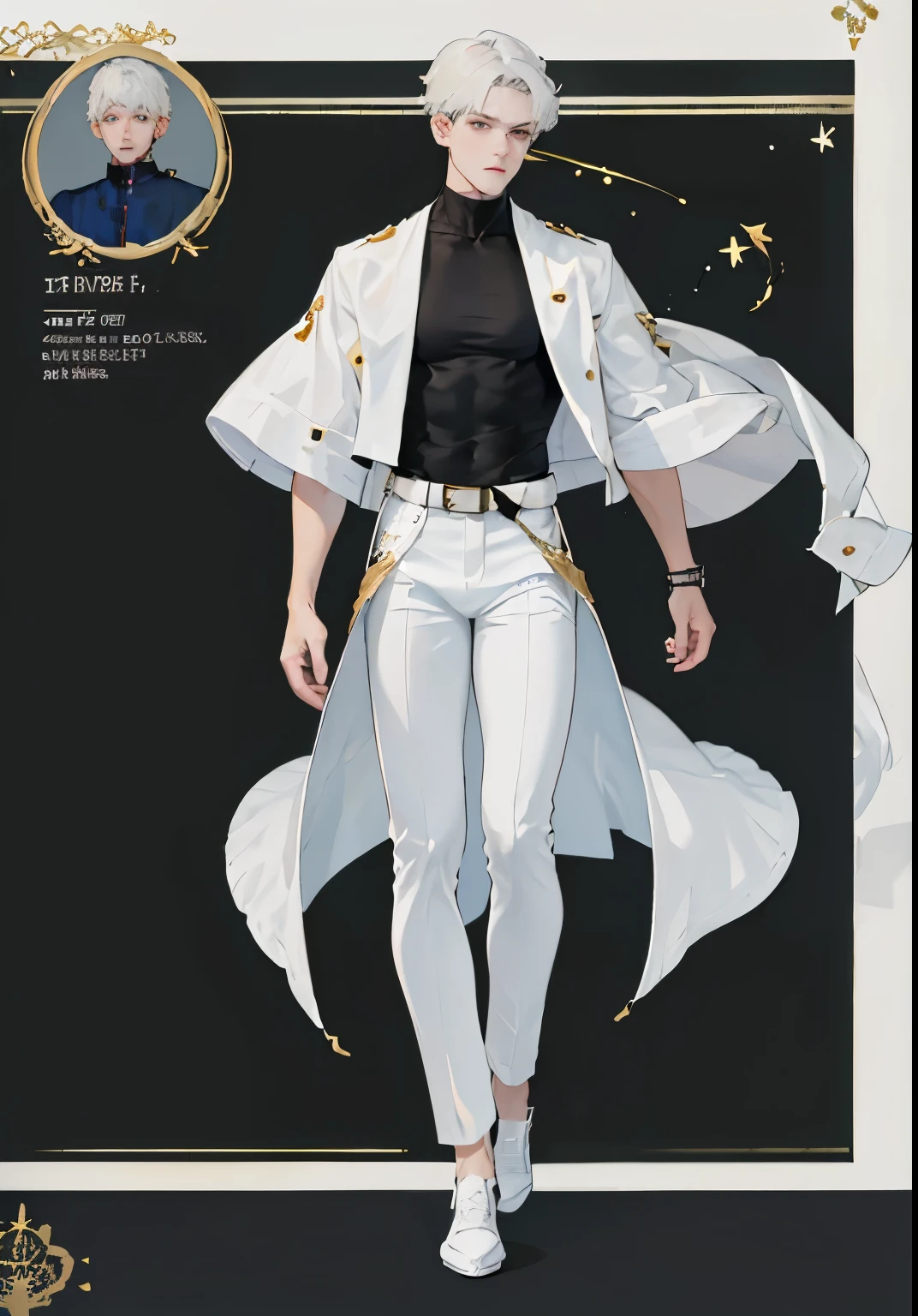 (masterpiece), best quality, expressive eyes, perfect face, fullbody, (CharacterSheet:1), 1boy, man, solo 1 man, white hair, cool look, black pants, white jacket, black bottoms, floating pose, pale look, massive belts, accessoires stars, slim body, Glossy clothes、Tight-fitting pants