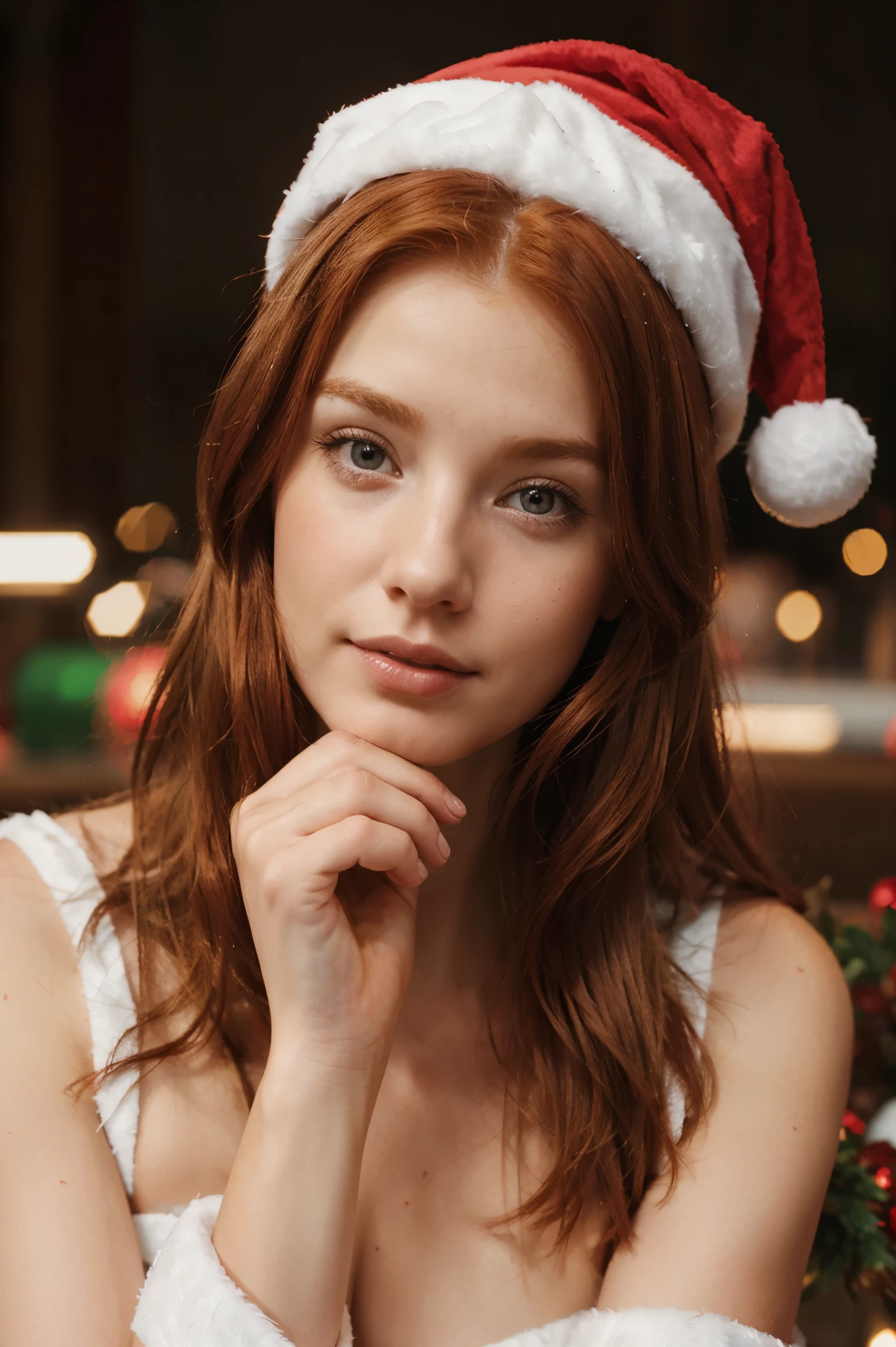 Redhead goddess with Christmas background, gewellte Haare, Sommersprossen, (realistic hands), a Santa hat, sexy, freundlich.