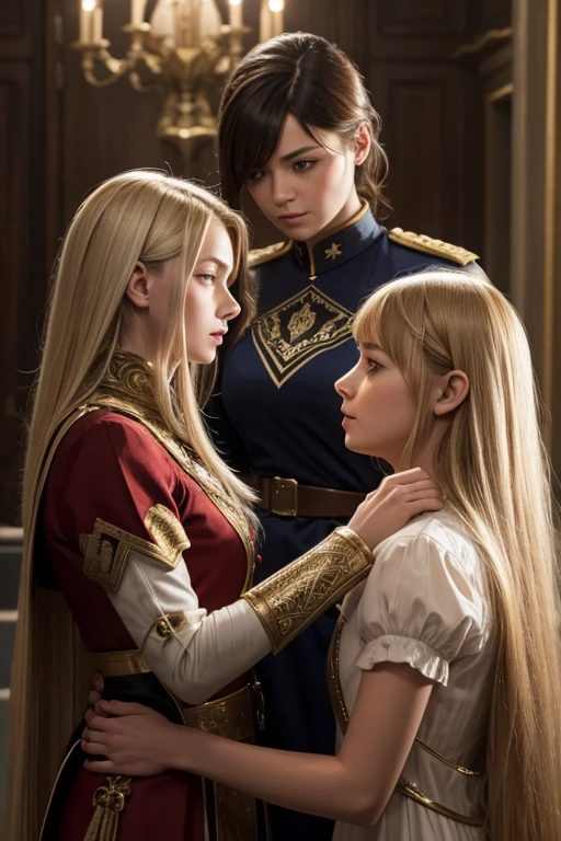 russian family, mom and daughters, mom with short hair, general, perfect face, roman armor, villains, daughter with long hair, lesbians intimacy