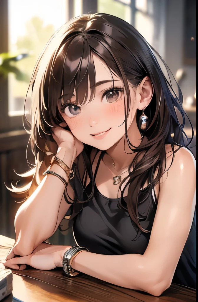 (masterpiece, best quality, ultra-detailed, highres, 4k),(beautiful detailed eyes),(very detailed face),(1girl),HDR,long hair, shorts, phone, brown eyes, brown hair, cellphone, bracelet, tank top, jewelry, watch, lips, solo focus, nail polish, blurry background, smile, wristwatch, realistic, blurry, looking at viewer