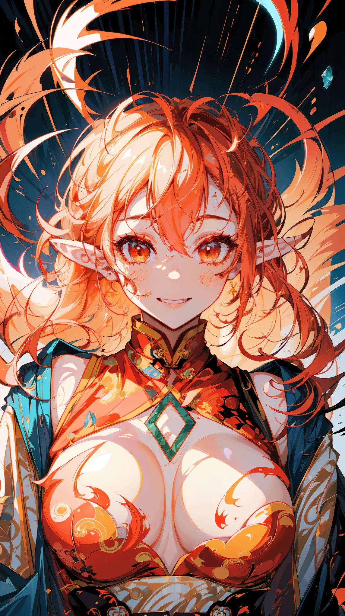 ((half body Portrait of a fire elf)), red flowing hair, shiny red eyes,( medium length pointy ears),orange fire around, flaming theme, burning atmosphere, (detailed sexy Chinese style costume:1.2), red glowing tattoos, orange crystal jewelry, light smile, mature body, colorful ,by Mappa studios,masterpiece,best quality,official art,illustration,ligne claire,(cool_color),perfect composition,absurdres, fantasy,focused,rule of third, close up portrait