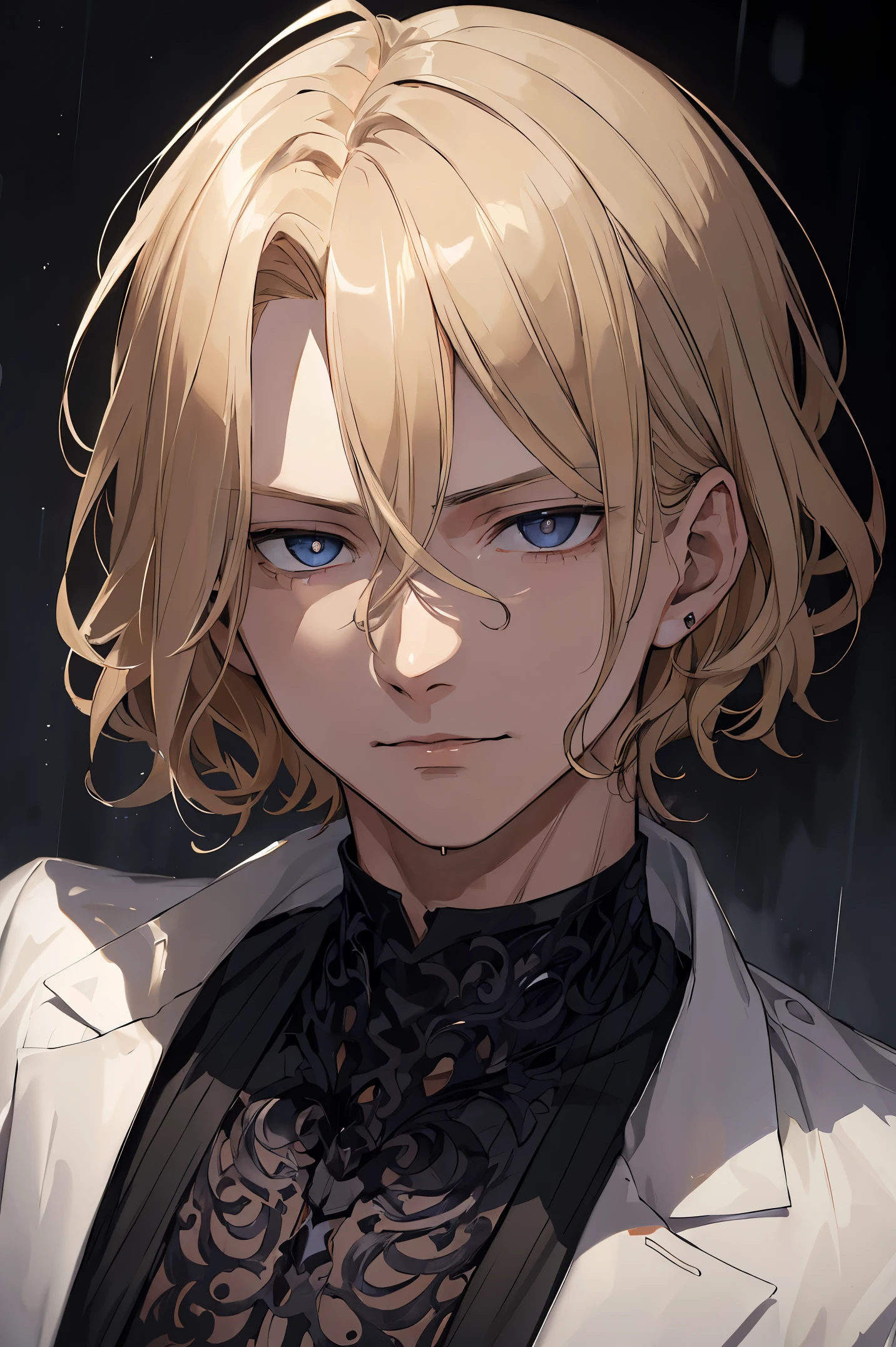 masterpiece, dark night, boy, johan liebert, wavy blonde hair, short hair, 20 years, Grim Smile, villain, narrowed eyes, very detailed beautiful face and eyes, portrait, shirt, rain