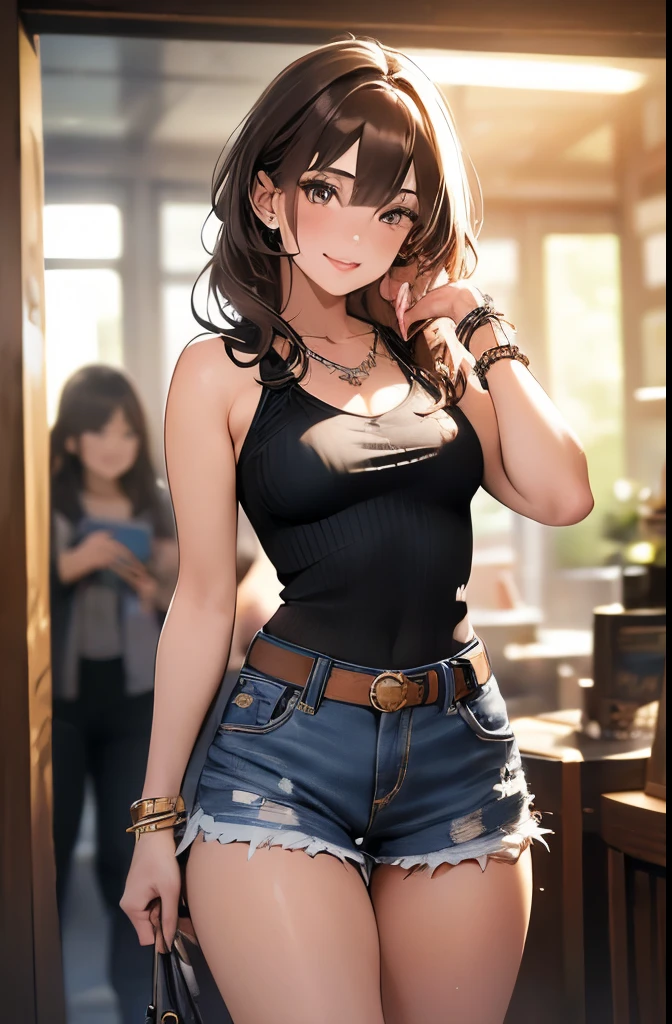 (masterpiece, best quality, ultra-detailed, highres, 4k),(beautiful detailed eyes),(very detailed face),(1girl),HDR,long hair, shorts, phone, brown eyes, brown hair, cellphone, bracelet, tank top, jewelry, watch, lips, solo focus, nail polish, blurry background, smile, wristwatch, realistic, blurry, looking at viewer