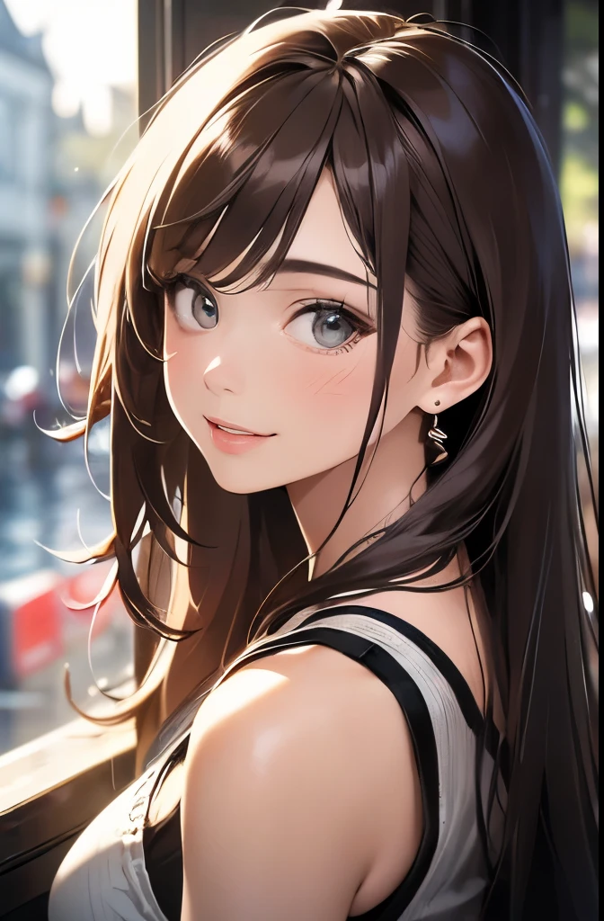 (masterpiece, best quality, ultra-detailed, highres, 4k),(beautiful detailed eyes),(very detailed face),(1girl),HDR,long hair, shorts, phone, brown eyes, brown hair, cellphone, bracelet, tank top, jewelry, watch, lips, solo focus, nail polish, blurry background, smile, wristwatch, realistic, blurry, looking at viewer