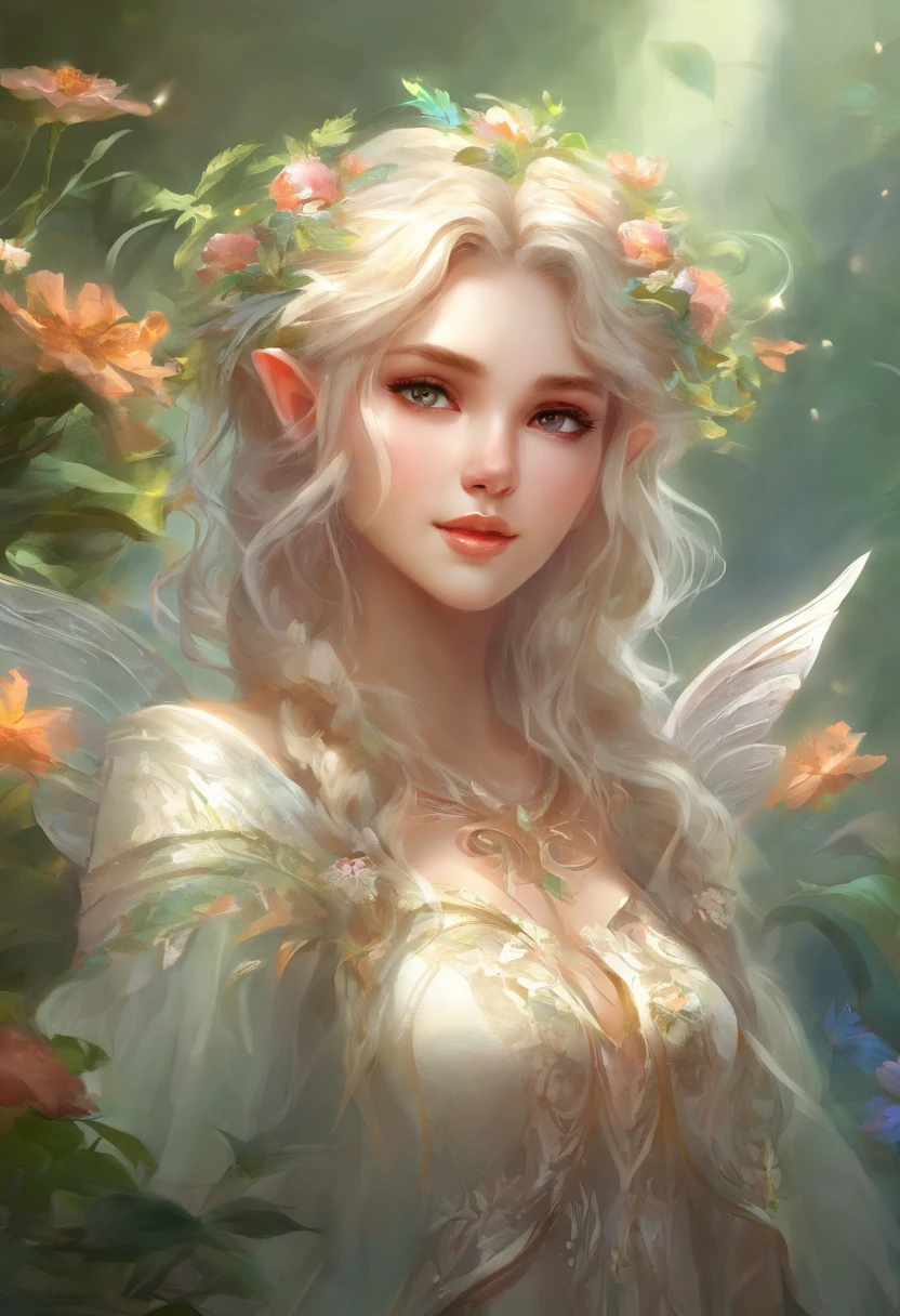 Cute Elf Little Girl Elf Characteristics Transparent Big Wings Pointed Ears Fantasy Art Exquisite Beautiful Luo Fantasy Magical Mist and Air Fantasy Exquisite Science Fiction Plant White Fantasy,Like a beautiful picture,Film Master Artist Works Film Lighting Effects,4K, rich and colorful, contour、Art super detailed、Exquisite and beautiful、masterpiece、Quality content very detailed、Dynamic angles and elegant atmosphere
