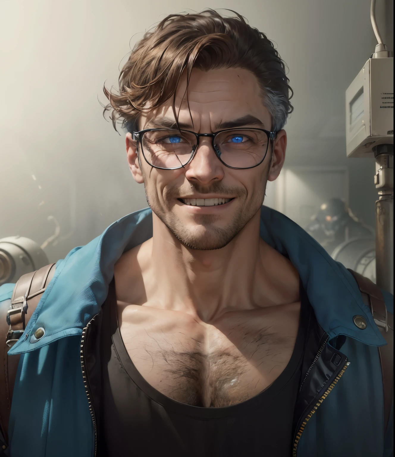 Dark surroundings Horror film , villain character, (masterpiece,best quality,absurdres ), 1man, muscular, detailed eyes, blue eyes, worker open jacket, running to camera, upper body, (fluorescent lamp),(colorful), ((abstract background)), brown short hair, black glasses, evil mad smile