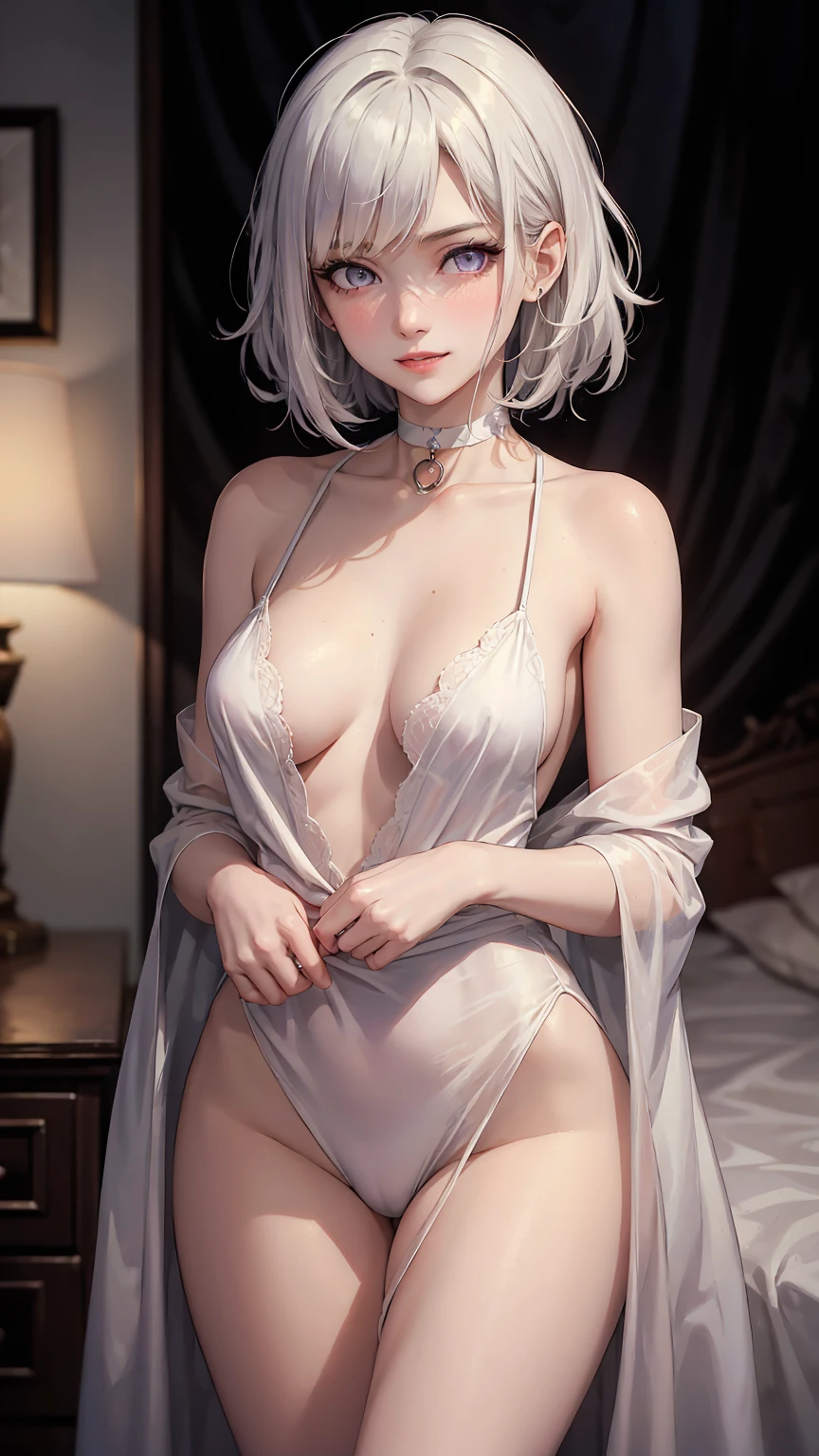 ((((masterpiece, best quality, high resolution)))), (1girl:1.5), ((short silky hair, white hair, purple eyes, sharp eyes, choker)), (average breasts:1.2), blush, (cheeky smile, parted lips), glow, thighs, bare shoulders, collarbone, narrow waist, (slender body figure), (beautiful detailed face, beautiful detailed eyes), ((white satin nightie, thin material)), (standing up), looking at viewer, nighttime, bedroom, (cowboy shot)
