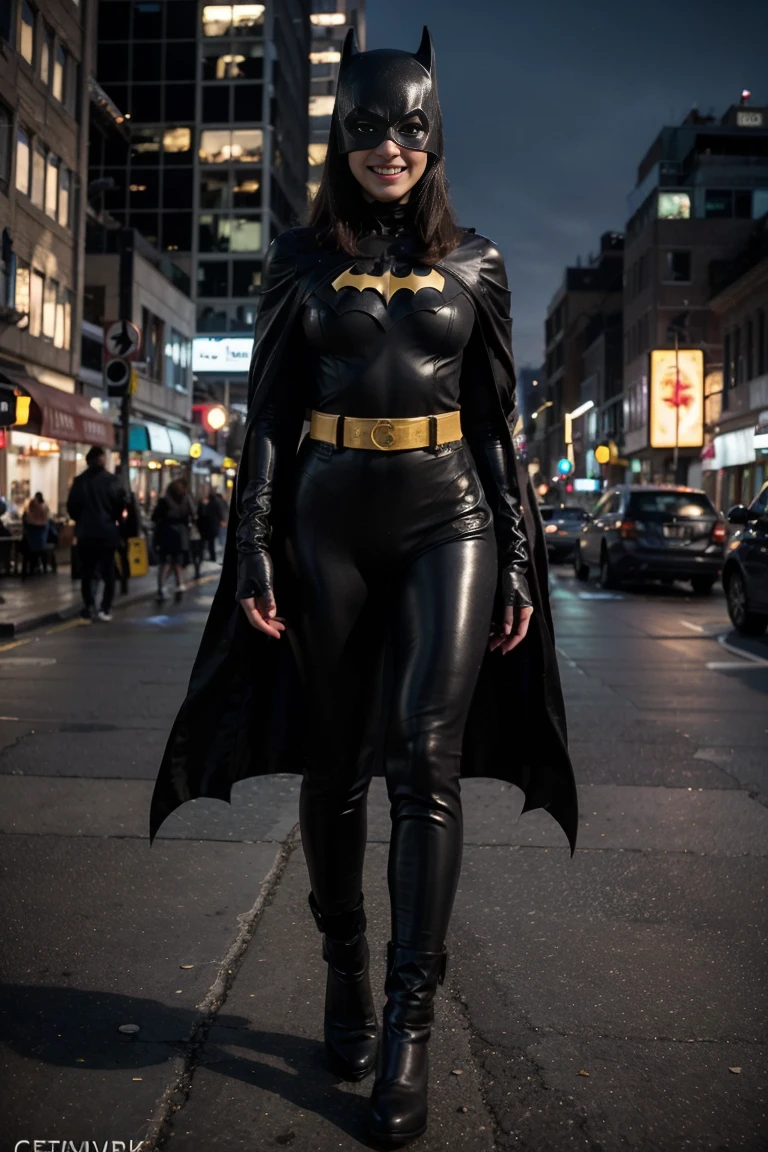 full body shot wide angled view, looking at the viewer, Batman as a mature bimbo on the crowded street of Halloween Night, action pose, fully clothed costume, giga_busty