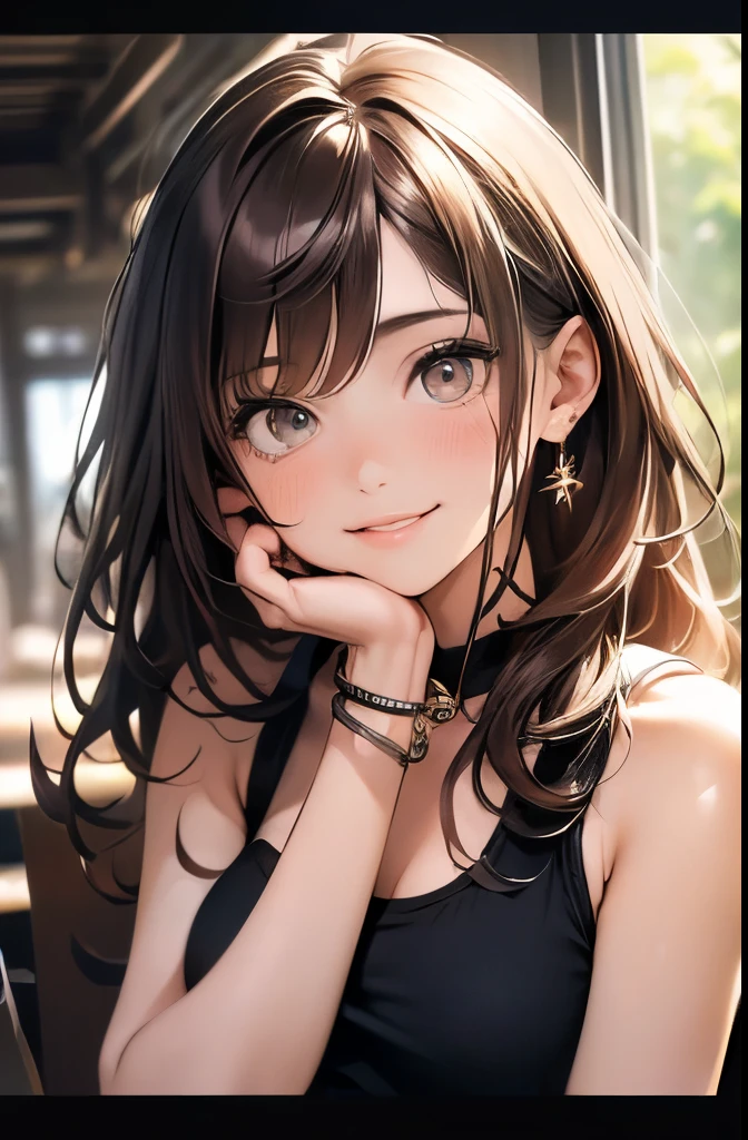 (masterpiece, best quality, ultra-detailed, highres, 4k),(beautiful detailed eyes),(very detailed face),(1girl),HDR,long hair, shorts, phone, brown eyes, brown hair, cellphone, bracelet, tank top, jewelry, watch, lips, solo focus, nail polish, blurry background, smile, wristwatch, realistic, blurry, looking at viewer
