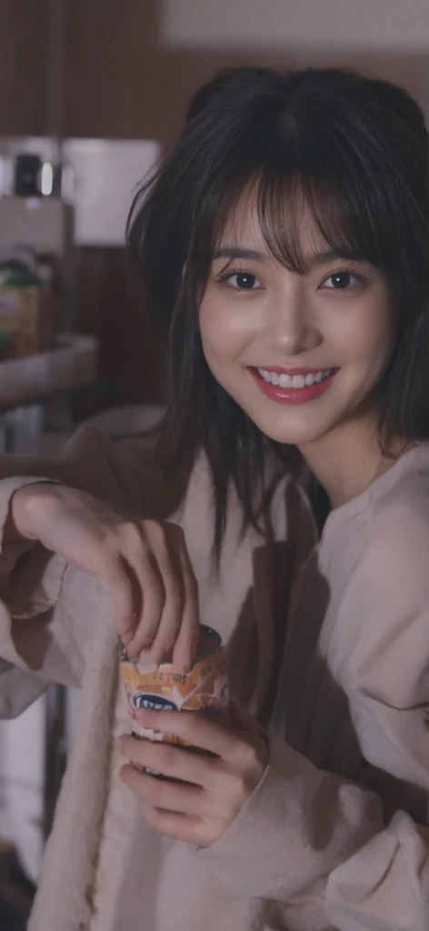 (on the table, best quality, realistically, Super detailed, meticulous, high resolution, 8k wallpaper), Close-up portrait of a beautiful woman, Chariada, smiling, light brown messy hair, Perfect dynamic composition, 美丽meticulous的眼睛, Just like the cover of a fashion magazine, on campus