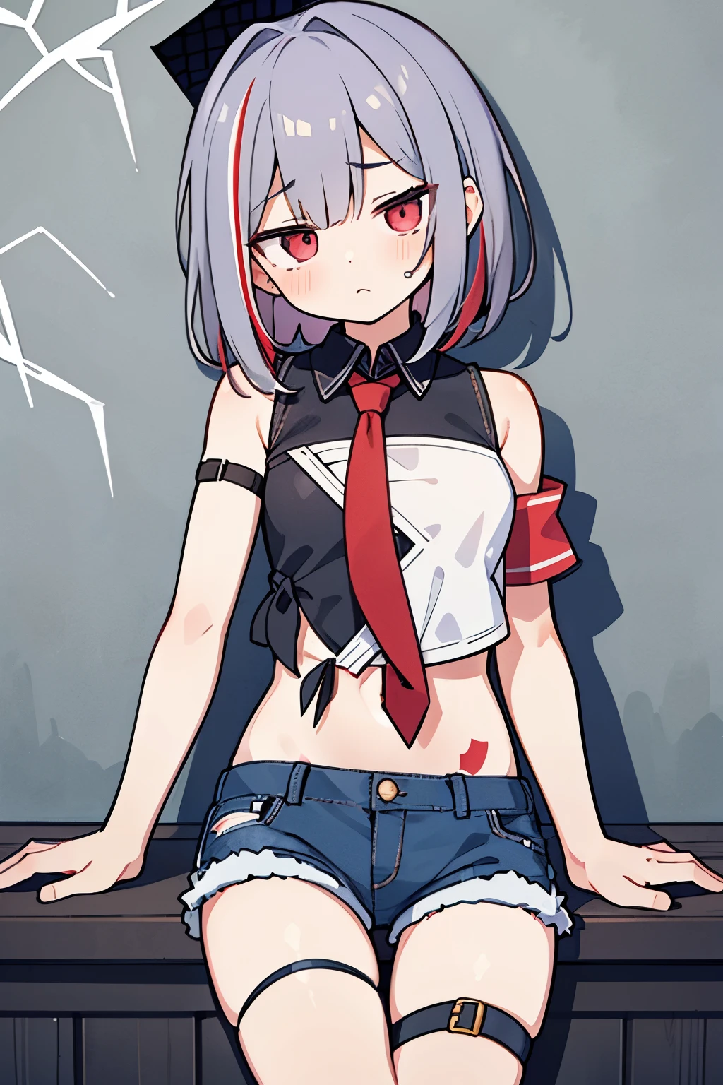 ((Highest quality)), ((masterpiece)), (detailed), One girl, hoodie, Underboob, Twin tails, Looking down, Red eyes, grin, Provocative, blush, View from below