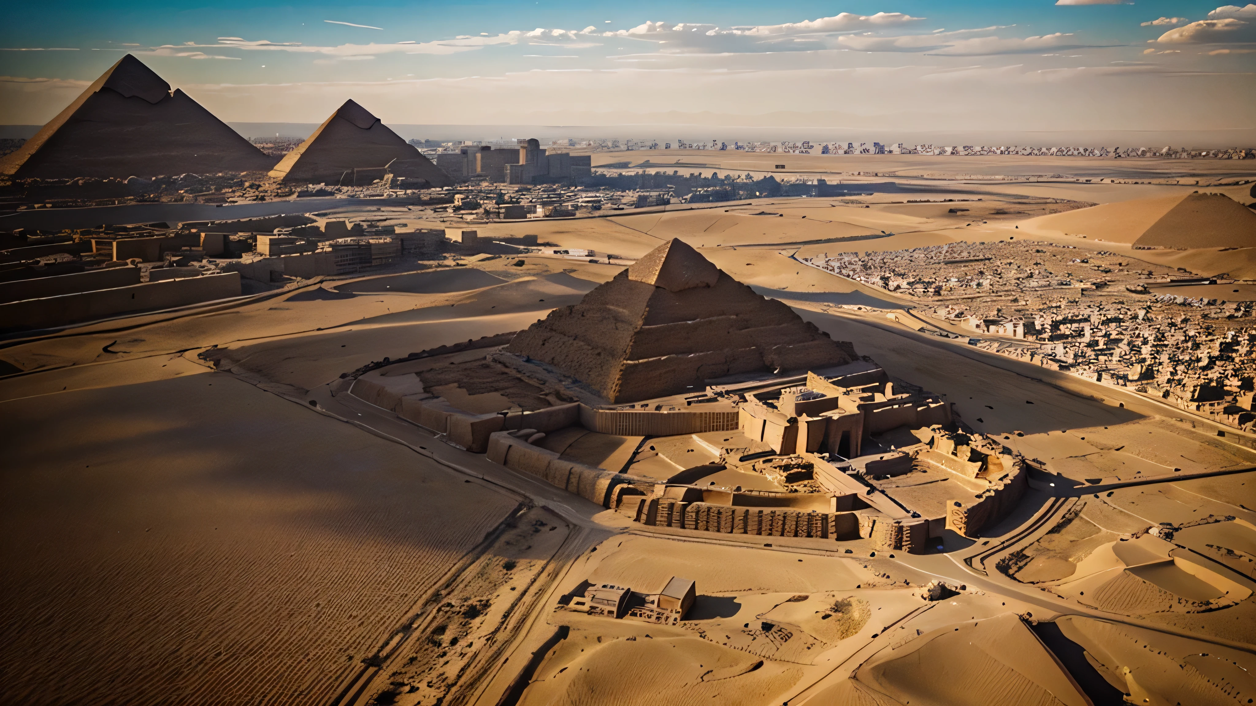 egypt , giza city and the peramids , drone shot , drone camera scene, 8k, super detail, ccurate, best quality ,