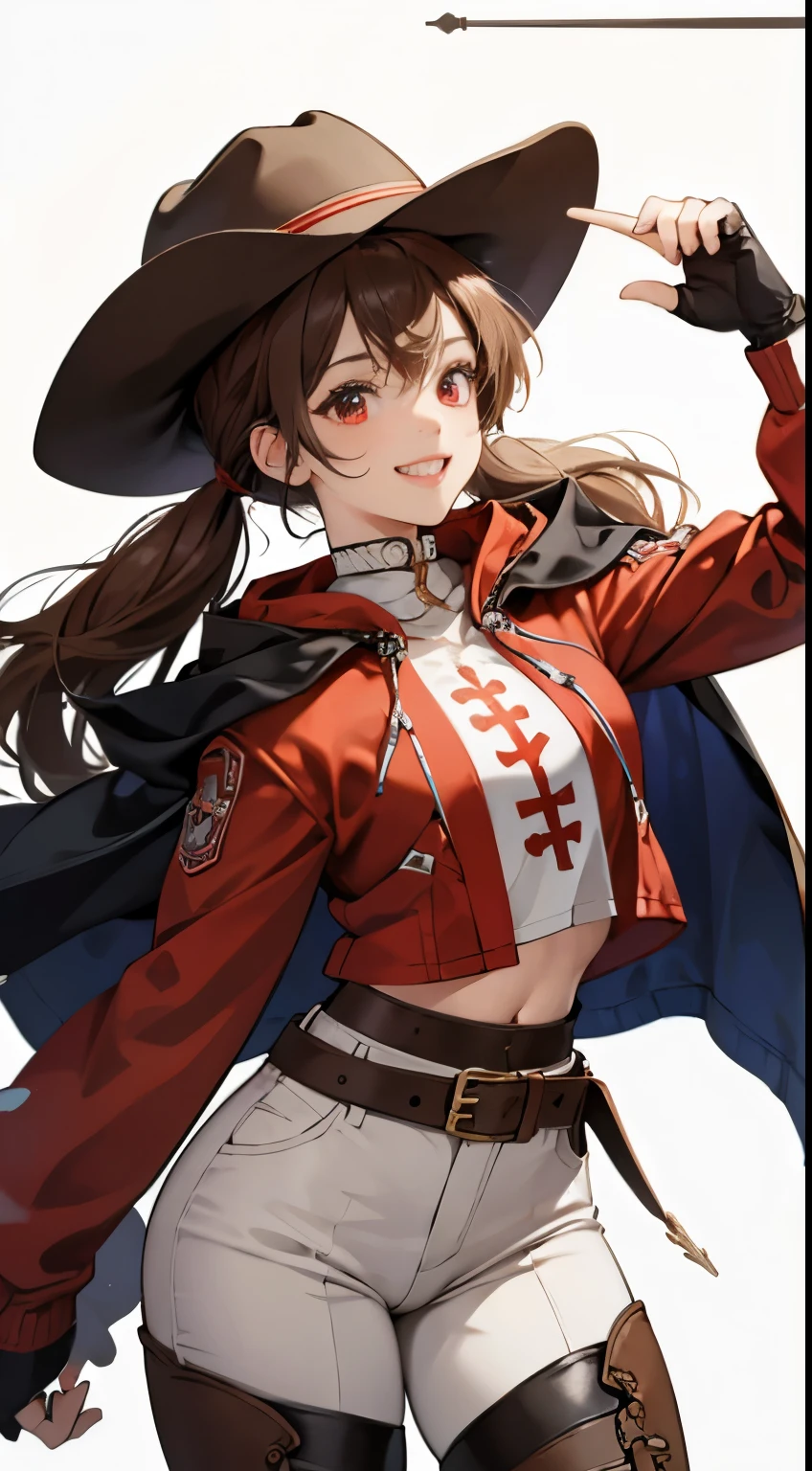 high quality、High level image quality、Pure white background with no unnecessary depictions、wearing a reddish-brown cowboy hat、two-pronged pigtails、A refreshingly smiling woman、eyeliner、big, sharp, beautiful red eyes、Navy blue short rider jacket with intricately decorated hood、finger glove、Navel exposed、cross belt、Brown leather pants、Red leather long boots that cover the thighs、Put your hand on the brim of your cowboy hat、Gorgeous and lively illustrations、Facial expression do-up