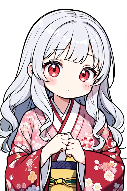 LINE stickers,silver hair,Lady,red eyes,fluffy,kimono,wavy hair,long hair,Less exposure,kind,It's warm,background white