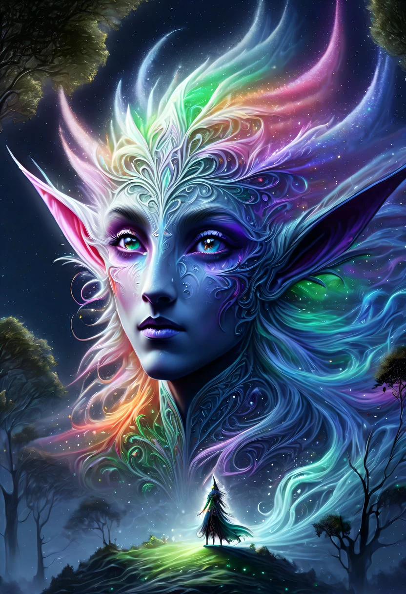 hyper detailed masterpiece, Dynamic, good quality,Liquor_dark，Elf portrait made of colorful stars，(Pointy-eared elves:1.5)，flowing skirt，cigarette hair，jungle，firefly，unrealistic，The tree of life blooms with endless vitality，Twinkling stars in the night sky，Overlapping clouds and fog，Whimsical fantasy landscape art, Beautiful Art Ultra HD 8K, 8K highly detailed digital art, Beautiful and detailed fantasy, epic fantasy landscape, Mysterious and dreamy scenery, Magic fantasy very detailed, magical scenery, Made up of big snowflakes and dreamy floating fairy islands, Detailed fantasy digital art, 8K detailed digital art