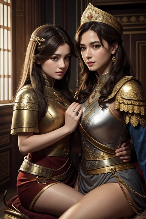 russian family, mother and daughters, mom with short hair, general, perfect face, roman armor, rich, daughter with long hair, lesbians intimacy