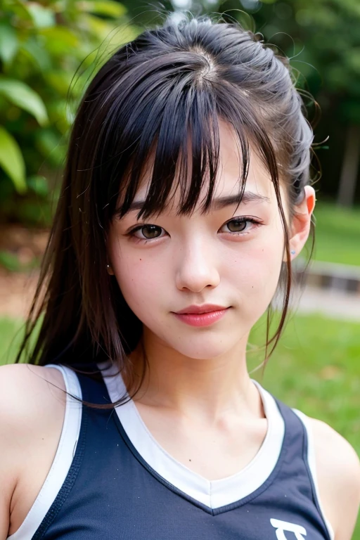 Best image quality, focus, soft light, 15 years old, ((Japanese)), (sleeveless), (((front, young face))), (depth of field), super high resolution, (realistic: 1.4 ) , RAW photo, from above, upper body