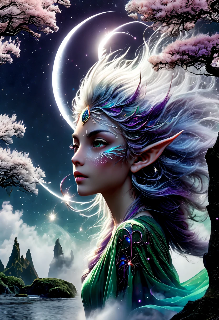 hyper detailed masterpiece, Dynamic, good quality,Liquor_dark,Elf portrait made of colorful stars,(Pointy-eared elves:1.5),flowing skirt,cigarette hair,jungle,firefly,unrealistic,The tree of life blooms with endless vitality,Twinkling stars in the night sky,Overlapping clouds and fog,Whimsical fantasy landscape art, Beautiful Art Ultra HD 8K, 8K highly detailed digital art, Beautiful and detailed fantasy, epic fantasy landscape, Mysterious and dreamy scenery, Magic fantasy very detailed, magical scenery, Made up of big snowflakes and dreamy floating fairy islands, Detailed fantasy digital art, 8K detailed digital art