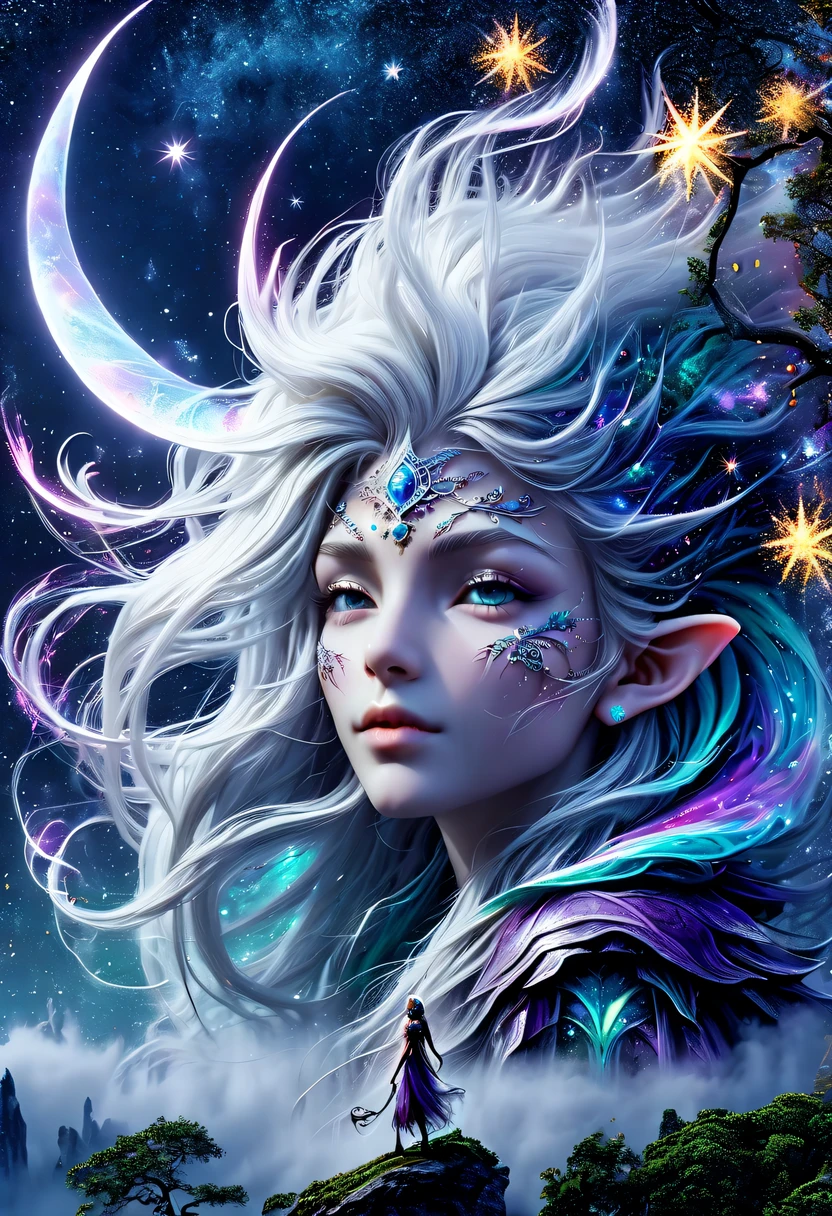 hyper detailed masterpiece, Dynamic, good quality,Liquor_dark,Elf portrait made of colorful stars,(Pointy-eared elves:1.5),flowing skirt,cigarette hair,jungle,firefly,unrealistic,The tree of life blooms with endless vitality,Twinkling stars in the night sky,Overlapping clouds and fog,Whimsical fantasy landscape art, Beautiful Art Ultra HD 8K, 8K highly detailed digital art, Beautiful and detailed fantasy, epic fantasy landscape, Mysterious and dreamy scenery, Magic fantasy very detailed, magical scenery, Made up of big snowflakes and dreamy floating fairy islands, Detailed fantasy digital art, 8K detailed digital art