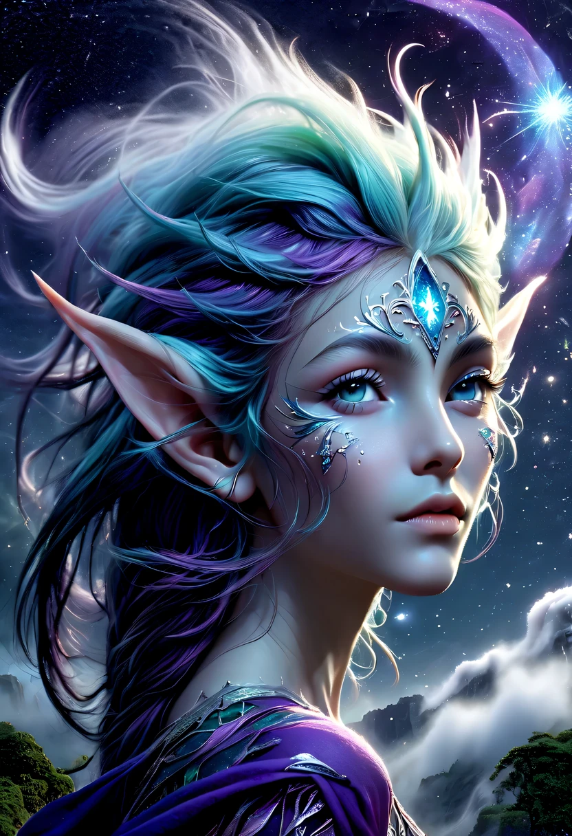 hyper detailed masterpiece, Dynamic, good quality,Liquor_dark，Elf portrait made of colorful stars，(Pointy-eared elves:1.5)，flowing skirt，cigarette hair，jungle，firefly，unrealistic，The tree of life blooms with endless vitality，Twinkling stars in the night sky，Overlapping clouds and fog，Whimsical fantasy landscape art, Beautiful Art Ultra HD 8K, 8K highly detailed digital art, Beautiful and detailed fantasy, epic fantasy landscape, Mysterious and dreamy scenery, Magic fantasy very detailed, magical scenery, Made up of big snowflakes and dreamy floating fairy islands, Detailed fantasy digital art, 8K detailed digital art