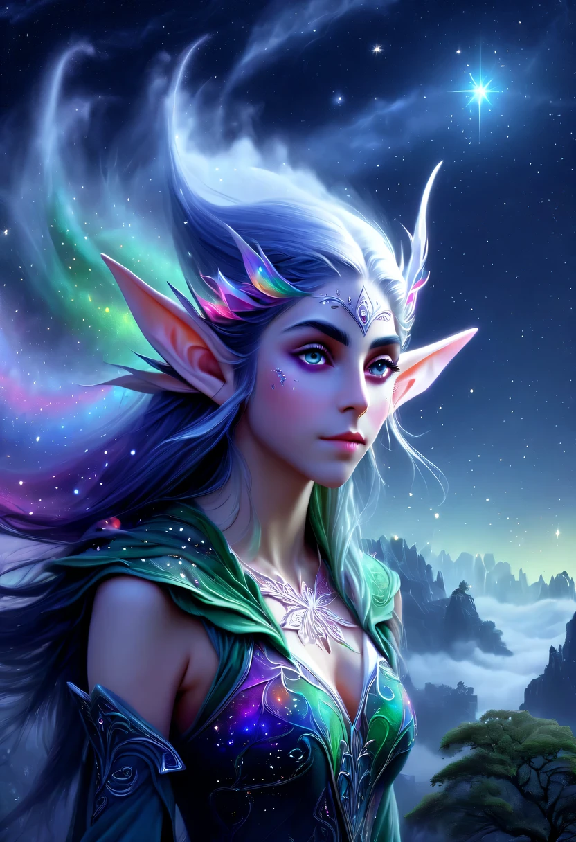 hyper detailed masterpiece, Dynamic, good quality,Liquor_dark，Elf portrait made of colorful stars，(Pointy-eared elves:1.5)，flowing skirt，cigarette hair，jungle，firefly，unrealistic，The tree of life blooms with endless vitality，Twinkling stars in the night sky，Overlapping clouds and fog，Whimsical fantasy landscape art, Beautiful Art Ultra HD 8K, 8K highly detailed digital art, Beautiful and detailed fantasy, epic fantasy landscape, Mysterious and dreamy scenery, Magic fantasy very detailed, magical scenery, Made up of big snowflakes and dreamy floating fairy islands, Detailed fantasy digital art, 8K detailed digital art