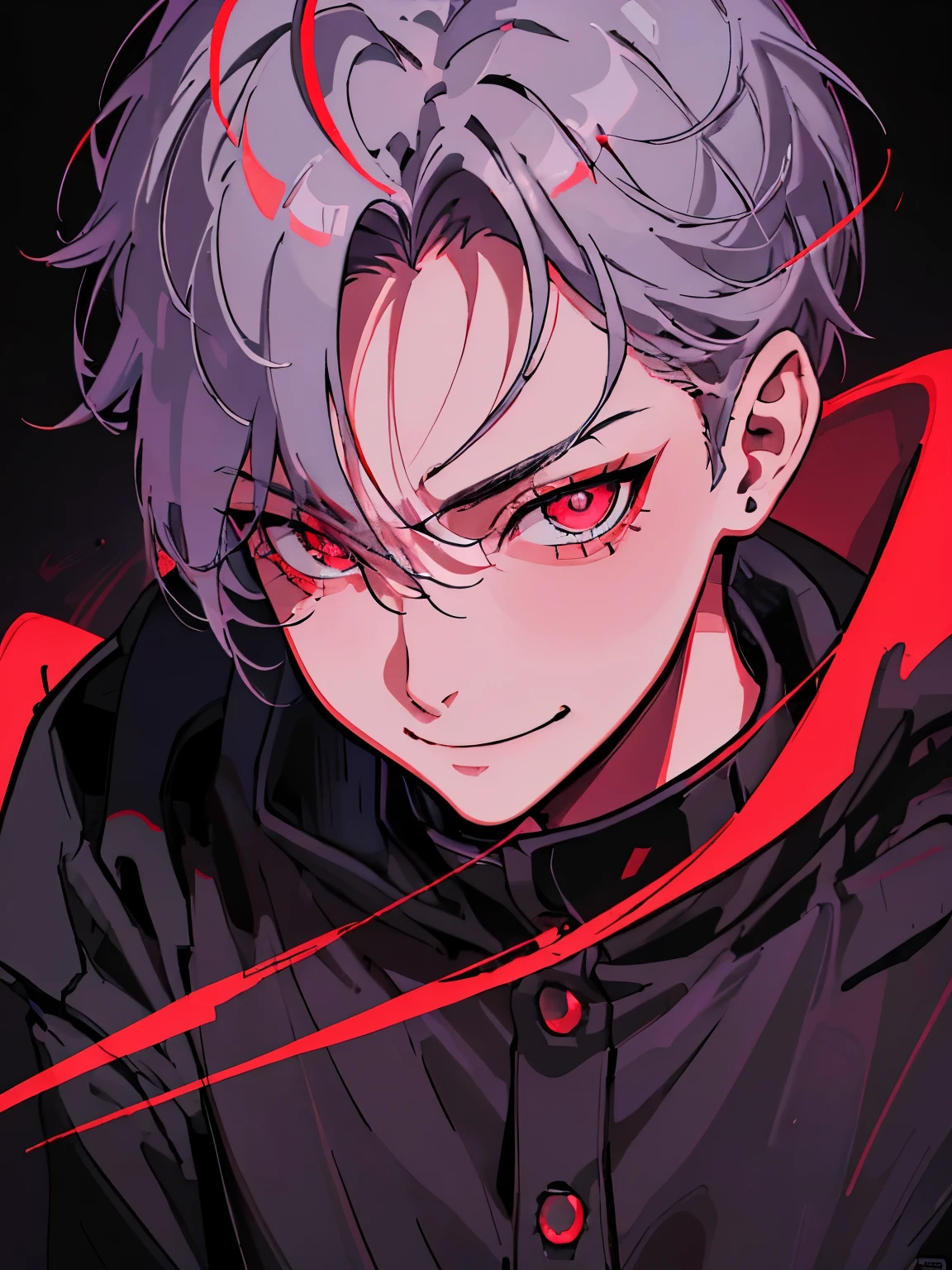 boy with fever, attractive face, red eyes, cheveux gris courts, eyelash, Dark style, mystery, evil character, grim, vector style, middle age, mind manipulation, logo, (best quality, Stunningly detailed:1.25), (alone:1.3), smile，glowing light, Ray tracing, reflected light
