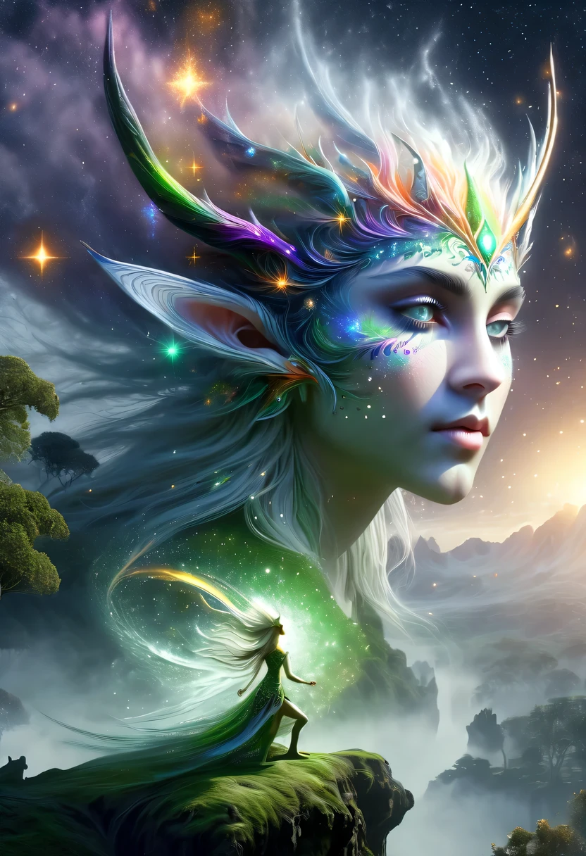 hyper detailed masterpiece, Dynamic, good quality,Liquor_dark,Elf portrait made of colorful stars,(Pointy-eared elves:1.5),flowing skirt,cigarette hair,jungle,firefly,unrealistic,The tree of life blooms with endless vitality,Twinkling stars in the night sky,Overlapping clouds and fog,Whimsical fantasy landscape art, Beautiful Art Ultra HD 8K, 8K highly detailed digital art, Beautiful and detailed fantasy, epic fantasy landscape, Mysterious and dreamy scenery, Magic fantasy very detailed, magical scenery, Made up of big snowflakes and dreamy floating fairy islands, Detailed fantasy digital art, 8K detailed digital art