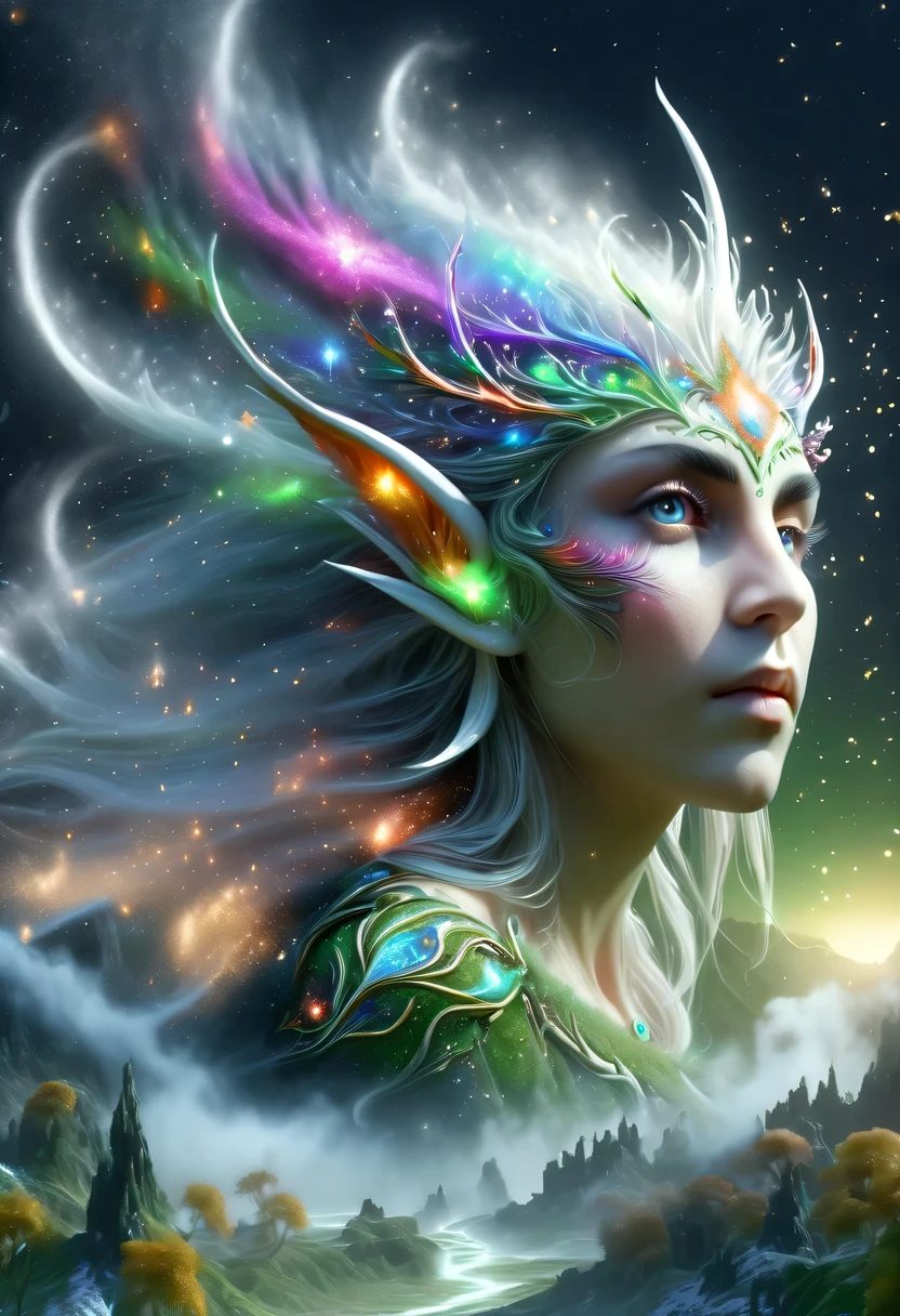Elf portrait，Female elf in the jungle，starlight，firefly，