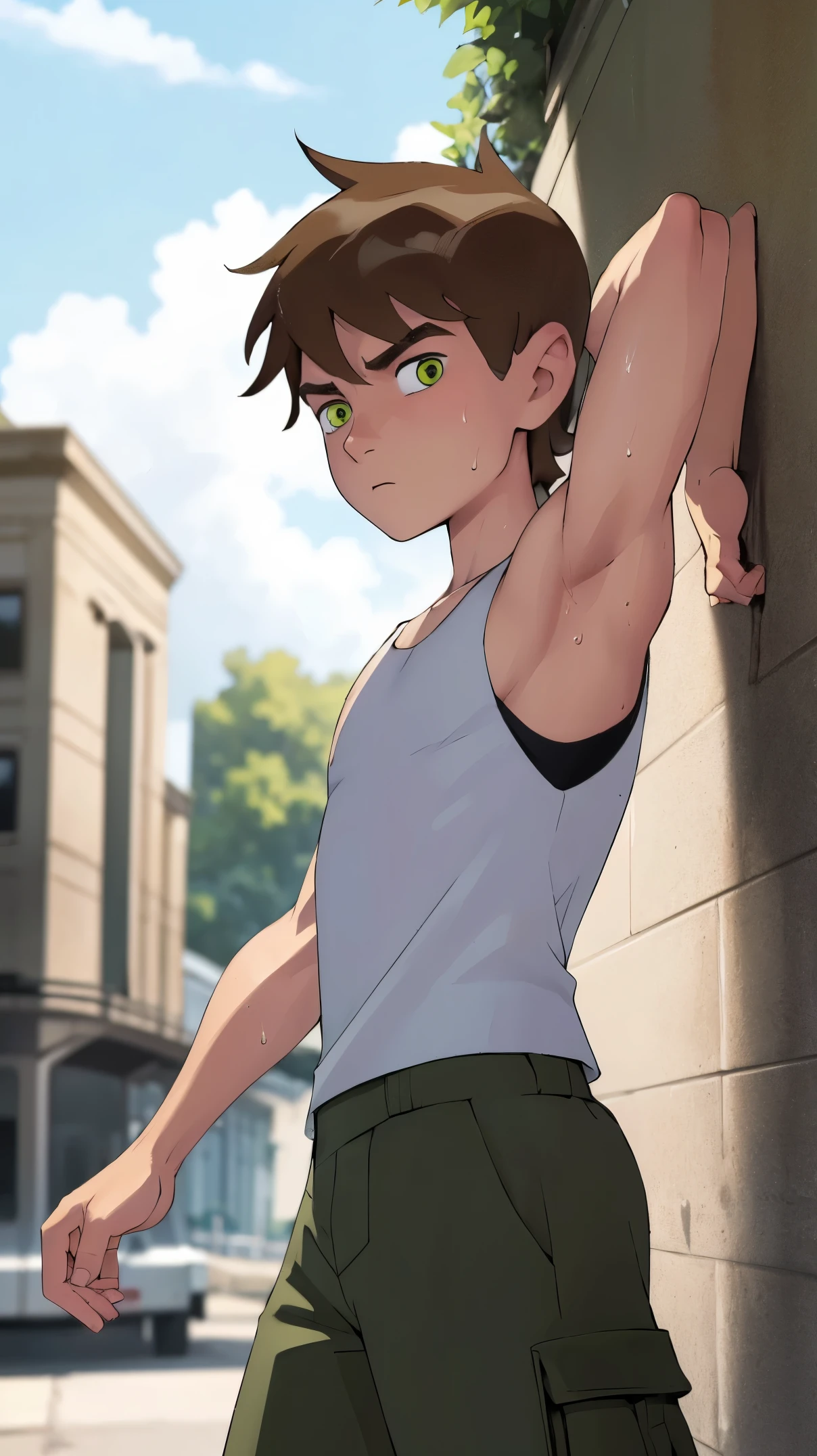 Highres, Masterpiece, Best quality at best,Best Quality, 1boy, bentennyson, green eyes, cargo pants, Tank top, Seen from the side, (Armpit), Sweat, the day, summer