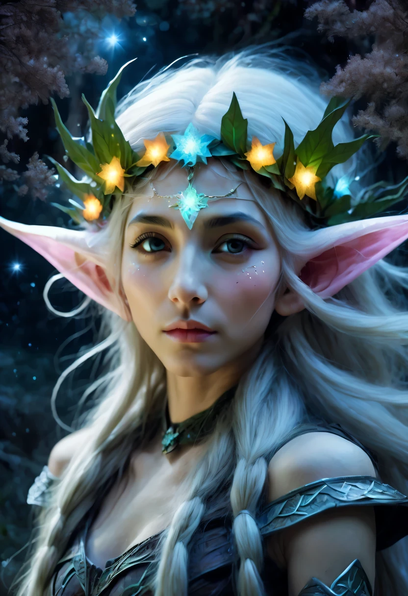 hyper detailed masterpiece, Dynamic, good quality,Liquor_dark，Elf portrait made of colorful stars，(Pointy-eared elves:1.5)，flowing skirt，cigarette hair，jungle，firefly，unrealistic，The tree of life blooms with endless vitality，Twinkling stars in the night sky，Overlapping clouds and fog，Whimsical fantasy landscape art, Beautiful Art Ultra HD 8K, 8K highly detailed digital art, Beautiful and detailed fantasy, epic fantasy landscape, Mysterious and dreamy scenery, Magic fantasy very detailed, magical scenery, Made up of big snowflakes and dreamy floating fairy islands, Detailed fantasy digital art, 8K detailed digital art