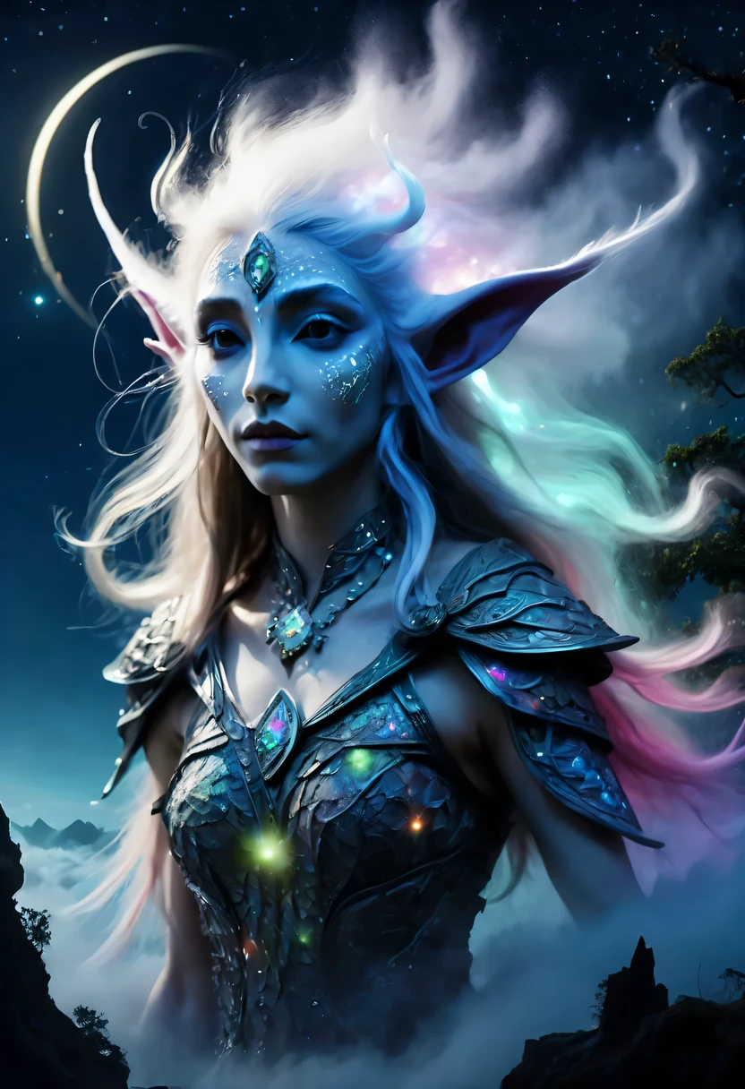 hyper detailed masterpiece, Dynamic, good quality,Liquor_dark，Elf portrait made of colorful stars，(Pointy-eared elves:1.5)，flowing skirt，cigarette hair，jungle，firefly，unrealistic，The tree of life blooms with endless vitality，Twinkling stars in the night sky，Overlapping clouds and fog，Whimsical fantasy landscape art, Beautiful Art Ultra HD 8K, 8K highly detailed digital art, Beautiful and detailed fantasy, epic fantasy landscape, Mysterious and dreamy scenery, Magic fantasy very detailed, magical scenery, Made up of big snowflakes and dreamy floating fairy islands, Detailed fantasy digital art, 8K detailed digital art