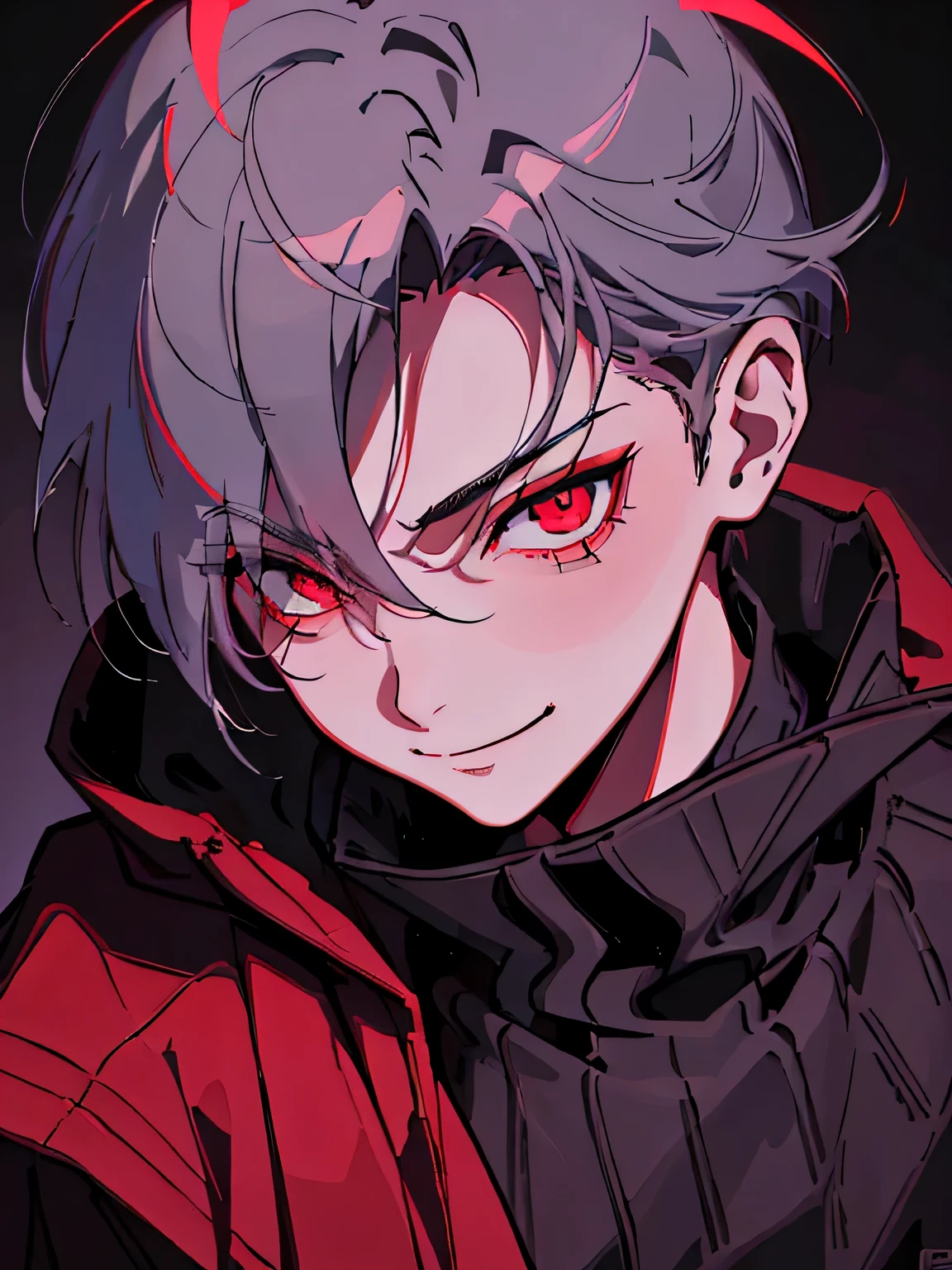 boy with fever, attractive face, red eyes, cheveux gris courts, eyelash, Dark style, mystery, evil character, grim, vector style, middle age, mind manipulation, logo, (best quality, Stunningly detailed:1.25), (alone:1.3), smile，glowing light, Ray tracing, reflected light
