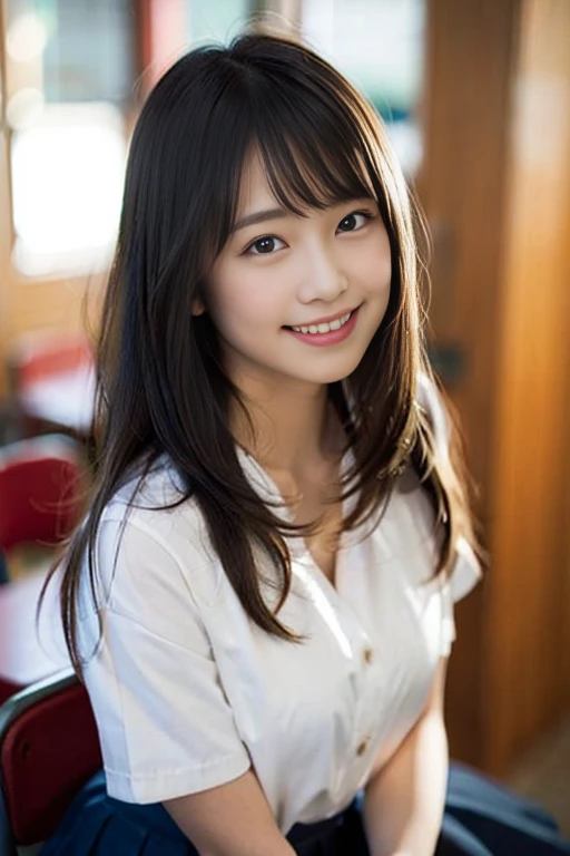 (8K、Raw photo、highest quality、masterpiece:1.2)、(realistic、Photoreal:1.37)、super detailed、Super high resolution、1 girl、see the beholder、beautiful and detailed face、laughter、narrow、(slim waist) :1.3)、Beautiful and smooth skin、skin texture、floating hair、professional lighting、human body as a whole、long hair、blonde、Japanese high school uniform、high school girl、school classroom、15 year old student、F Cup Breast、Glasses、shy smile、baby face、bob hair、smile、Chest protruding pose