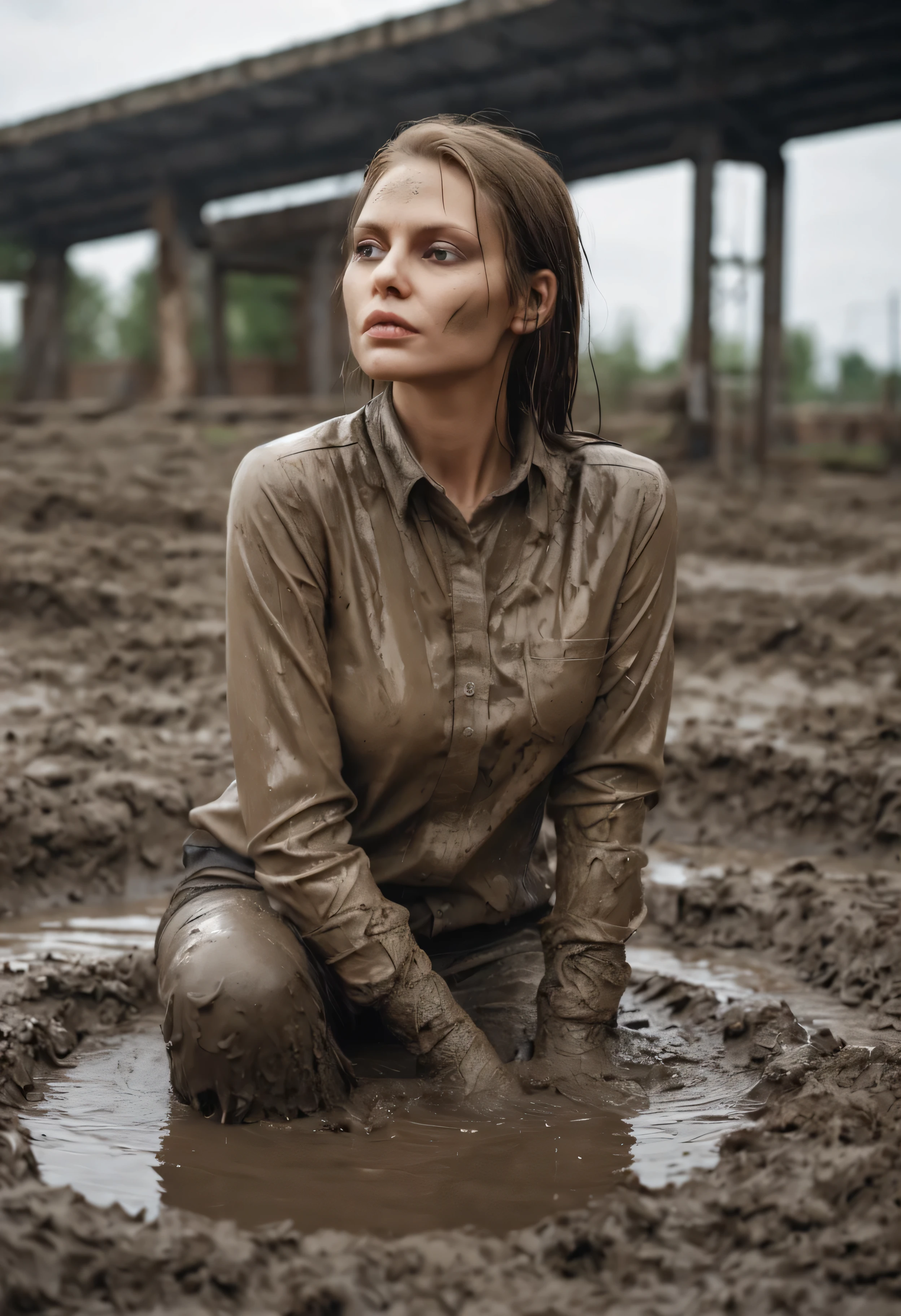 shameful fetish atmosphere,woman takes a mud bath,Jeans,covered with mud,expression of despair,blouse,драматическое освещение,соблазняет,навязчивый взгляд