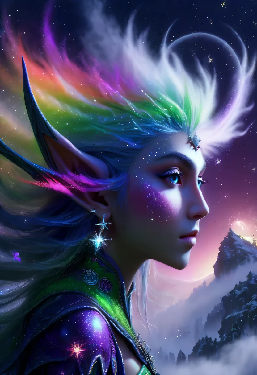 hyper detailed masterpiece, Dynamic, good quality,Liquor_dark，Elf portrait made of colorful stars，(Pointy-eared elves:1.5)，flowing skirt，cigarette hair，jungle，firefly，unrealistic，The tree of life blooms with endless vitality，Twinkling stars in the night sky，Overlapping clouds and fog，Whimsical fantasy landscape art, Beautiful Art Ultra HD 8K, 8K highly detailed digital art, Beautiful and detailed fantasy, epic fantasy landscape, Mysterious and dreamy scenery, Magic fantasy very detailed, magical scenery, Made up of big snowflakes and dreamy floating fairy islands, Detailed fantasy digital art, 8K detailed digital art