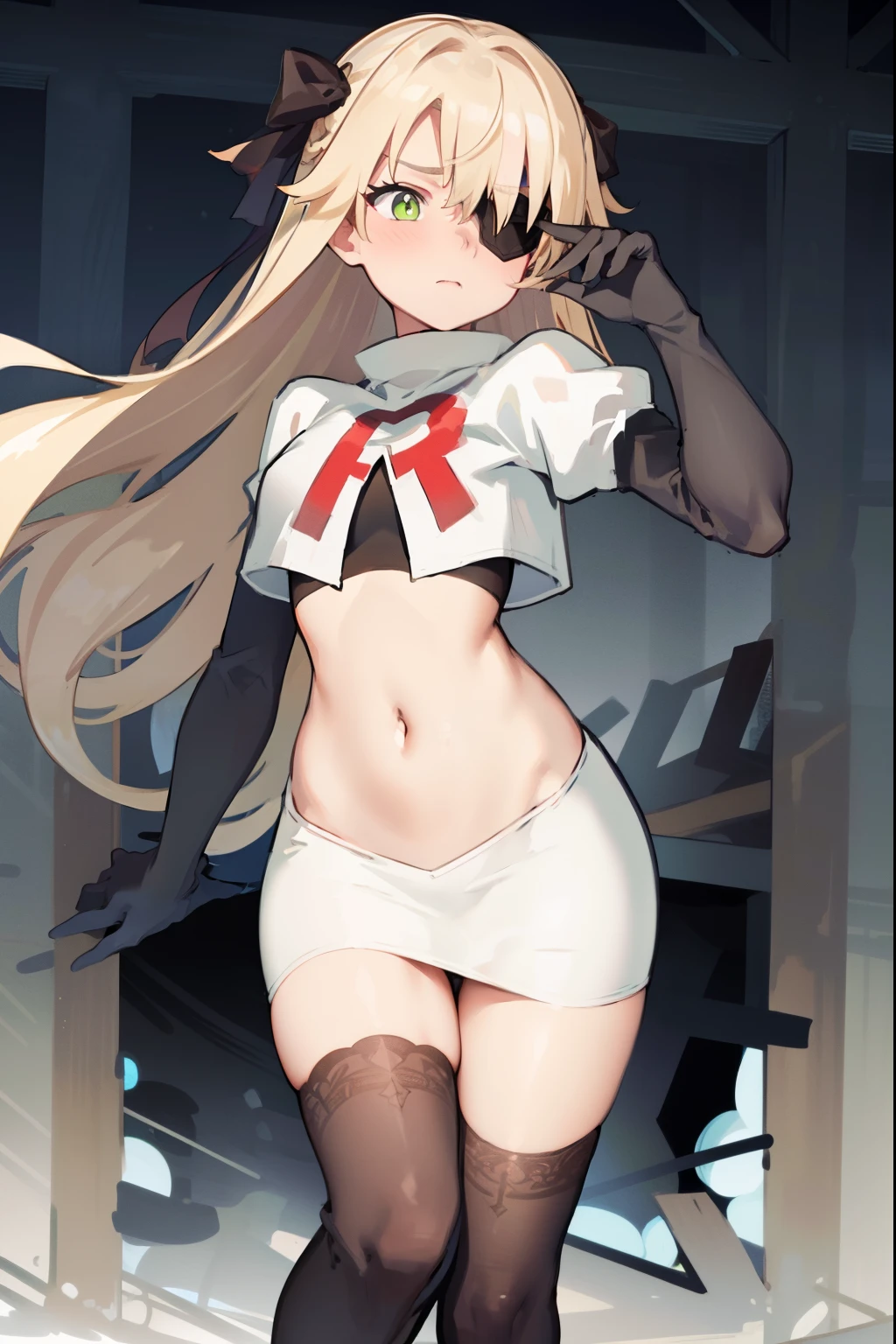 absurdres, fischl (dunkelnacht sakrament) (genshin impact), green eyes, (white pupils:1.2), fischl (genshin impact), medium_breasts, blonde hair, eyepatch, long hair, hair over one eye, bangs, hair ribbon, small breasts, 1girl, team rocket,team rocket uniform,white skirt,red letter R,crop top,black thigh-highs,black elbow gloves, embarrassed, blush