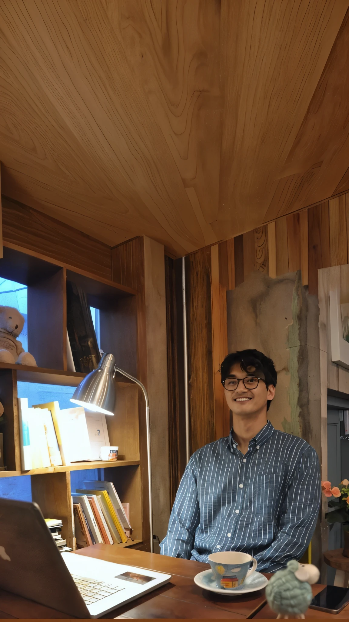 The study room is a combination of wood and aesthetic walls.