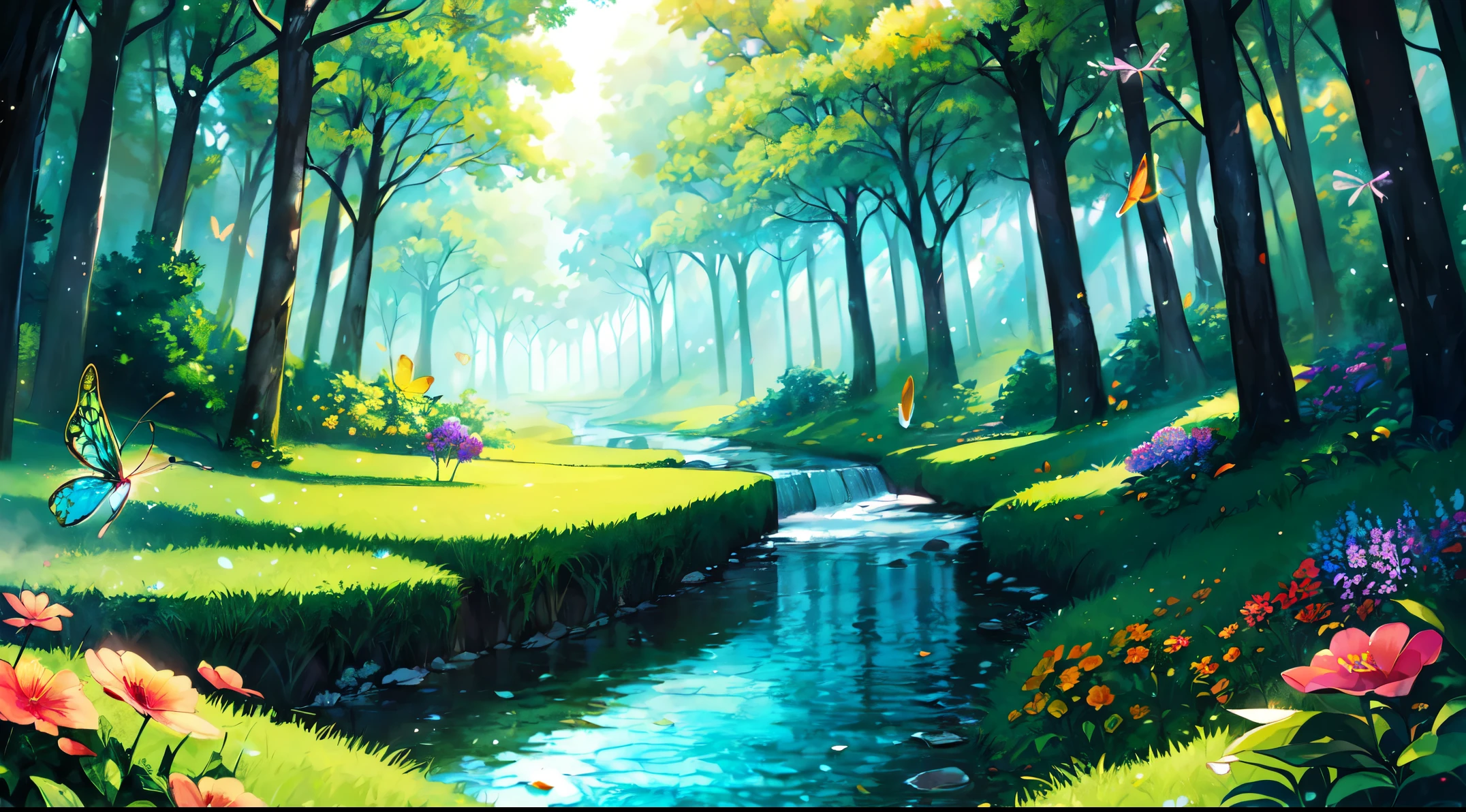 Illustration design for banner, cover art, cover art for art page, wonderland, fantasy land, mysterious forest, flowers, insects, trees, Grass, brushes, colorful, magical land, Dark forestRecife, a Small river, beautiful land,