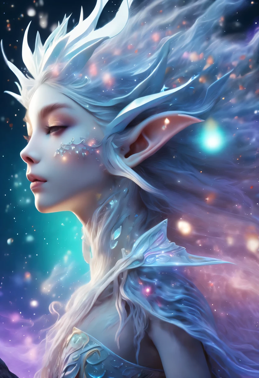 hyper detailed masterpiece, Dynamic, good quality,Liquor_dark，Elf portrait made of colorful stars，(Pointy-eared elves:1.5)，flowing skirt，cigarette hair，jungle，firefly，unrealistic，The tree of life blooms with endless vitality，Twinkling stars in the night sky，Overlapping clouds and fog，Whimsical fantasy landscape art, Beautiful Art Ultra HD 8K, 8K highly detailed digital art, Beautiful and detailed fantasy, epic fantasy landscape, Mysterious and dreamy scenery, Magic fantasy very detailed, magical scenery, Made up of big snowflakes and dreamy floating fairy islands, Detailed fantasy digital art, 8K detailed digital art