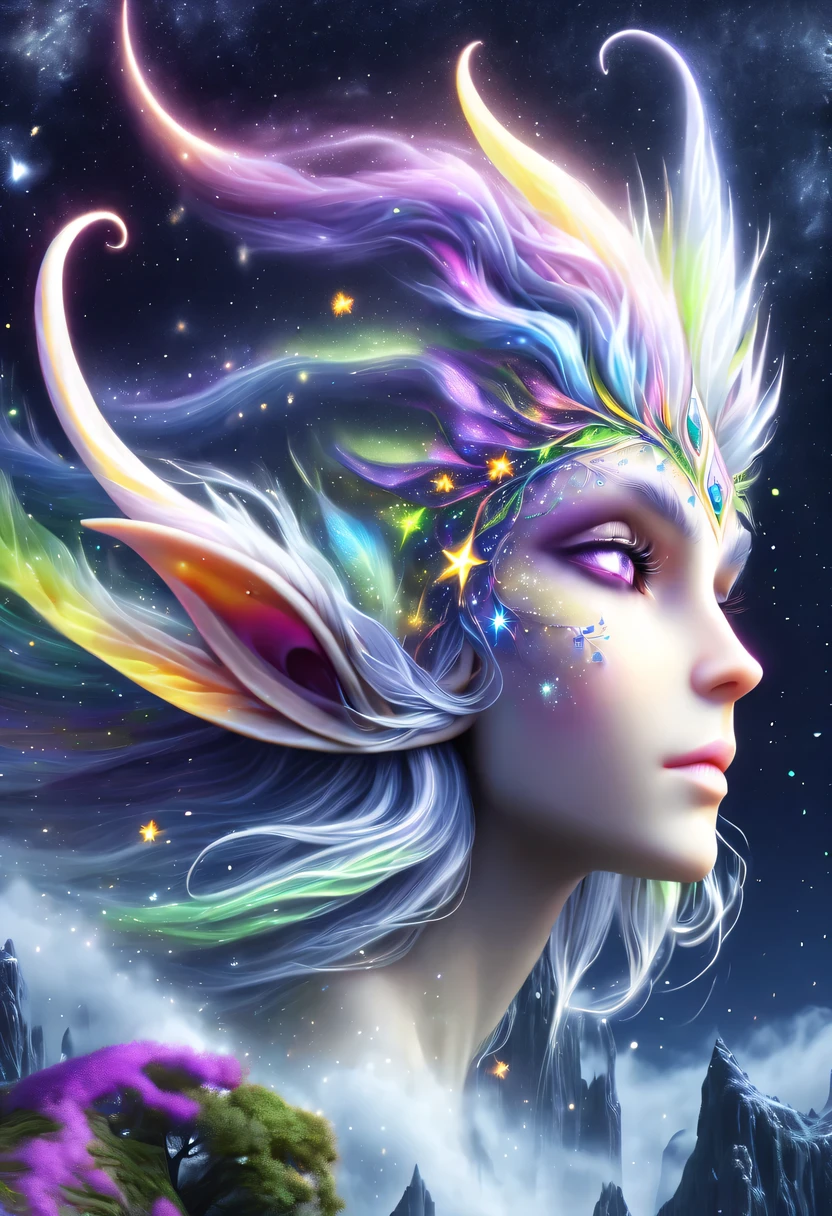 hyper detailed masterpiece, Dynamic, good quality,Liquor_dark，Elf portrait made of colorful stars，(Pointy-eared elves:1.5)，flowing skirt，cigarette hair，jungle，firefly，unrealistic，The tree of life blooms with endless vitality，Twinkling stars in the night sky，Overlapping clouds and fog，Whimsical fantasy landscape art, Beautiful Art Ultra HD 8K, 8K highly detailed digital art, Beautiful and detailed fantasy, epic fantasy landscape, Mysterious and dreamy scenery, Magic fantasy very detailed, magical scenery, Made up of big snowflakes and dreamy floating fairy islands, Detailed fantasy digital art, 8K detailed digital art