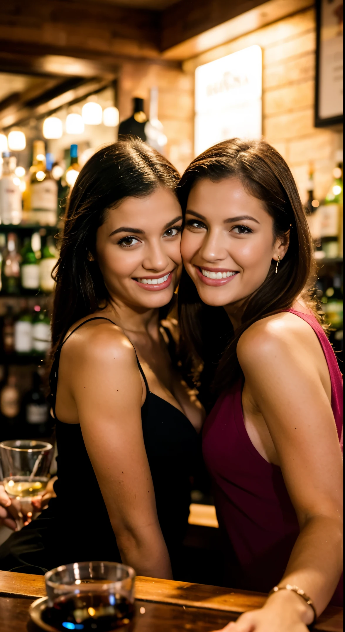 Two beautiful ladies at the bar having a glass of wine, laughing and having fun 