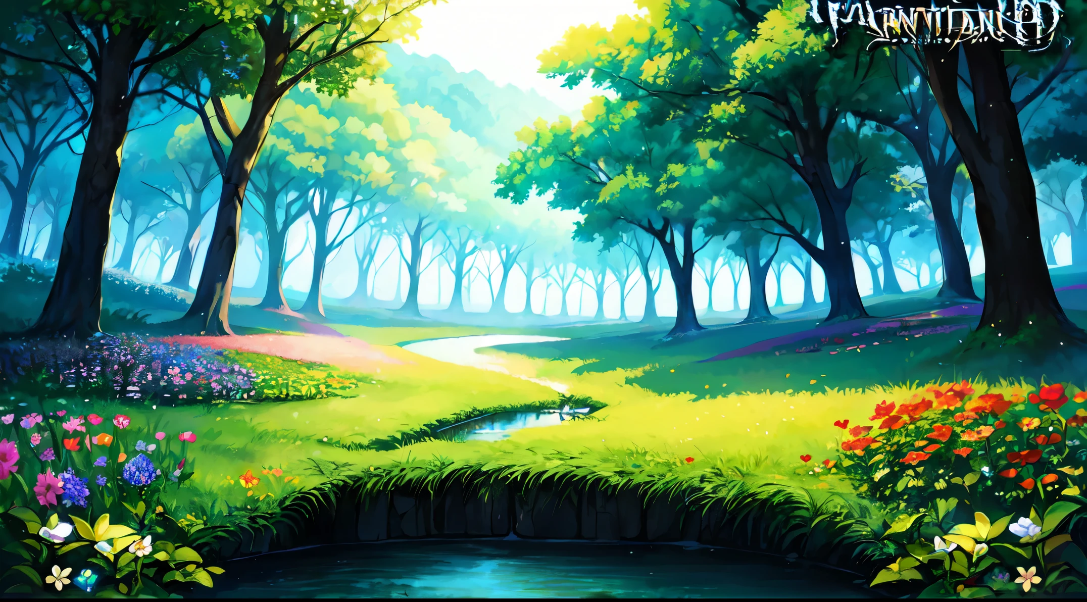 Illustration design for banner, cover art, cover art for art page, wonderland, fantasy land, mysterious forest, flowers, insects, trees, Grass, brushes, colorful, magical land, Dark forestRecife, a Small river, beautiful land,