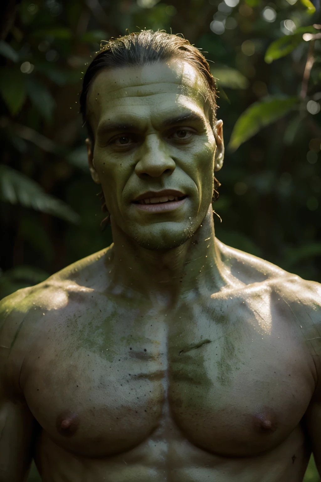 portrait of a green skinned massive tall titan giant frankenstein alien with a hyperdetailed face, wide head shape, square jaw, walking in the forest, gold-green skin, hair slicked, twisted smile, shirtless, high definition, 4k, sharp-focus, intricately-detailed, ultra-detailed photography