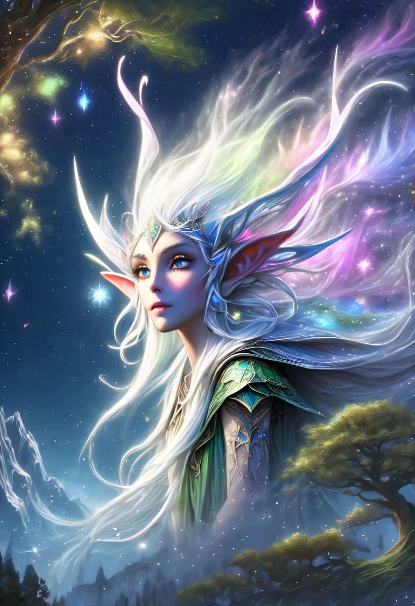 hyper detailed masterpiece, Dynamic, good quality,Liquor_dark，Elf portrait made of colorful stars，(Pointy-eared elves:1.5)，flowing skirt，cigarette hair，jungle，firefly，unrealistic，The tree of life blooms with endless vitality，Twinkling stars in the night sky，Overlapping clouds and fog，Whimsical fantasy landscape art, Beautiful Art Ultra HD 8K, 8K highly detailed digital art, Beautiful and detailed fantasy, epic fantasy landscape, Mysterious and dreamy scenery, Magic fantasy very detailed, magical scenery, Made up of big snowflakes and dreamy floating fairy islands, Detailed fantasy digital art, 8K detailed digital art