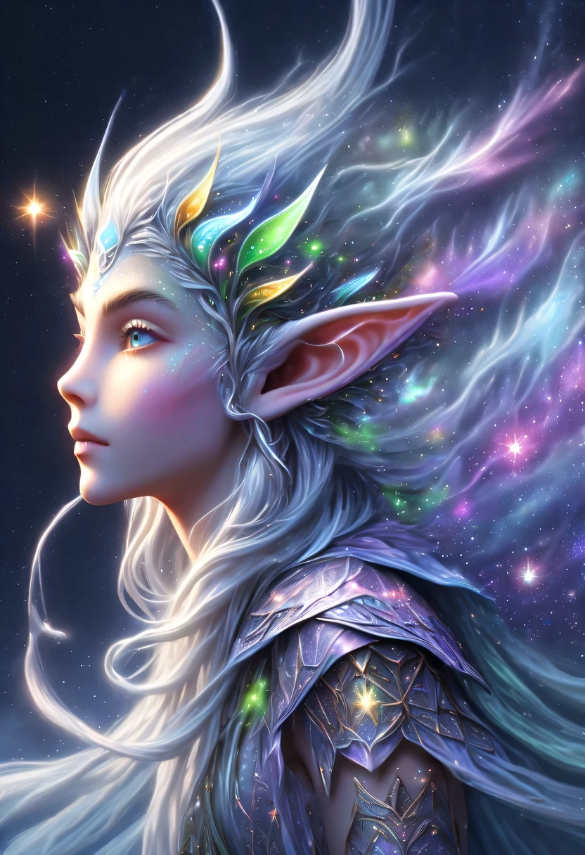 hyper detailed masterpiece, Dynamic, good quality,Liquor_dark，Elf portrait made of colorful stars，(Pointy-eared elves:1.5)，flowing skirt，cigarette hair，jungle，firefly，unrealistic，The tree of life blooms with endless vitality，Twinkling stars in the night sky，Overlapping clouds and fog，Whimsical fantasy landscape art, Beautiful Art Ultra HD 8K, 8K highly detailed digital art, Beautiful and detailed fantasy, epic fantasy landscape, Mysterious and dreamy scenery, Magic fantasy very detailed, magical scenery, Made up of big snowflakes and dreamy floating fairy islands, Detailed fantasy digital art, 8K detailed digital art